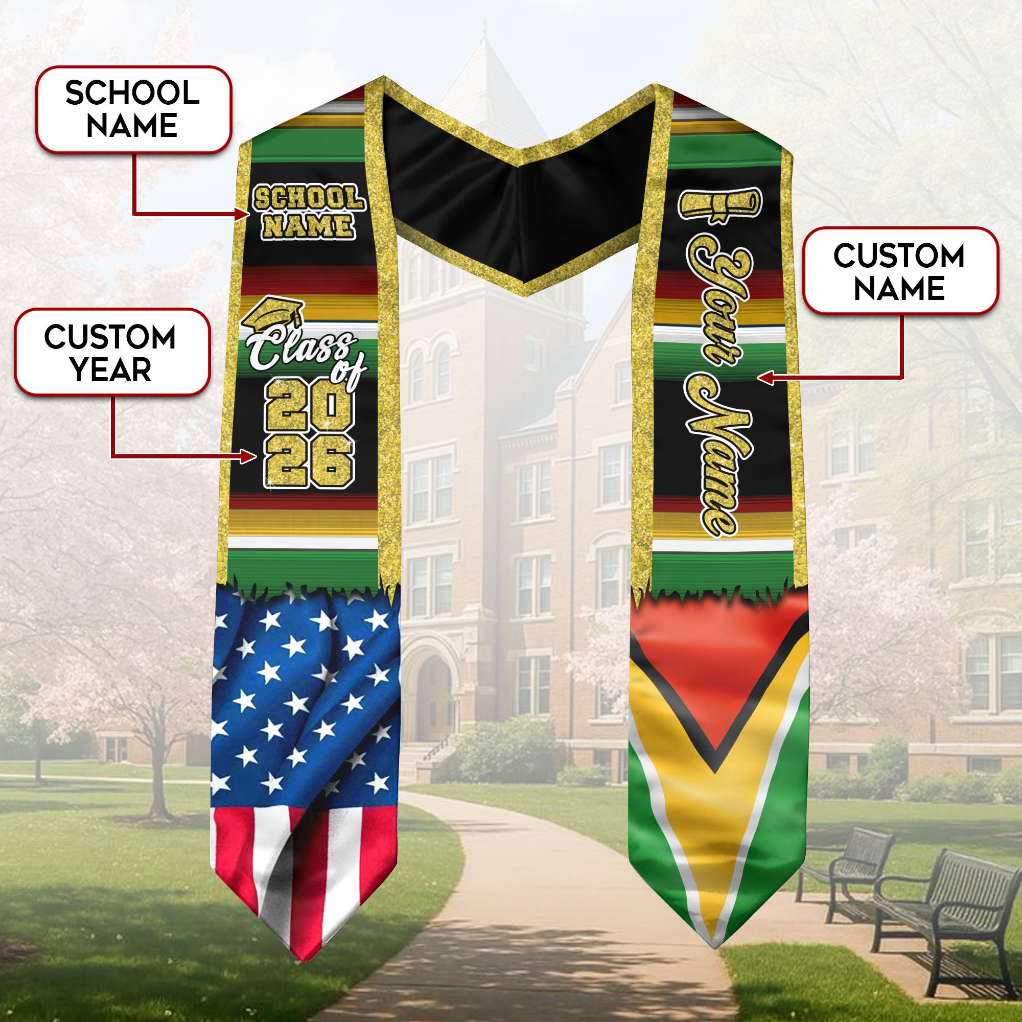 Customized Guyana Graduation Stole Showcasing Guyanese Flag Colors, Graduation Sash for Class of 2026