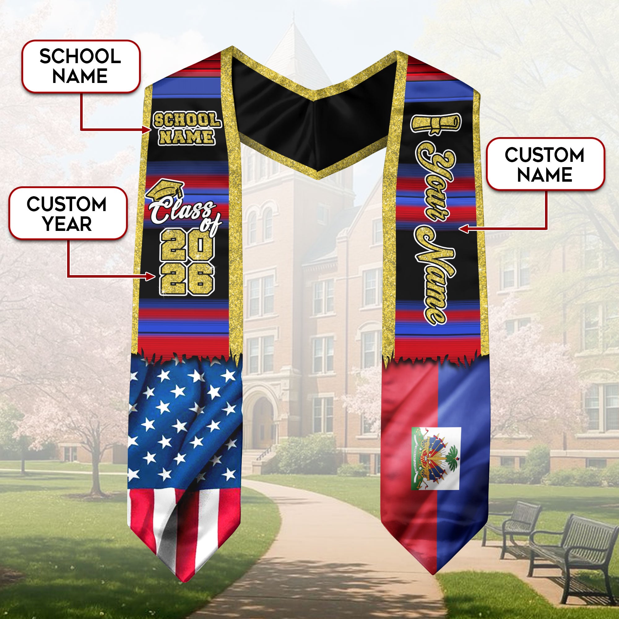 Customized Haiti Graduation Stole with Haitian Flag Inspired Motif, Graduation Sash Class of 2026