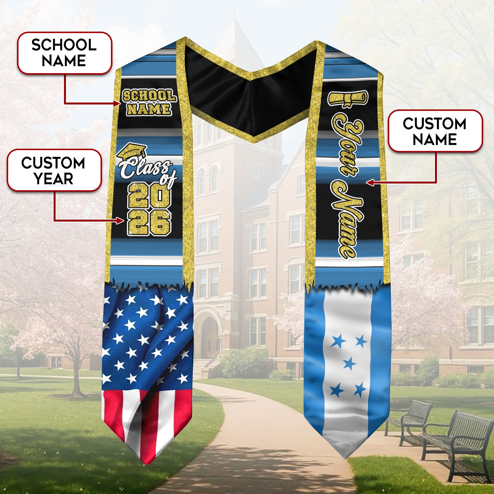 Customized Honduras Graduation Stole Featuring Honduran Flag Design, Graduation Sash for Class of 2026