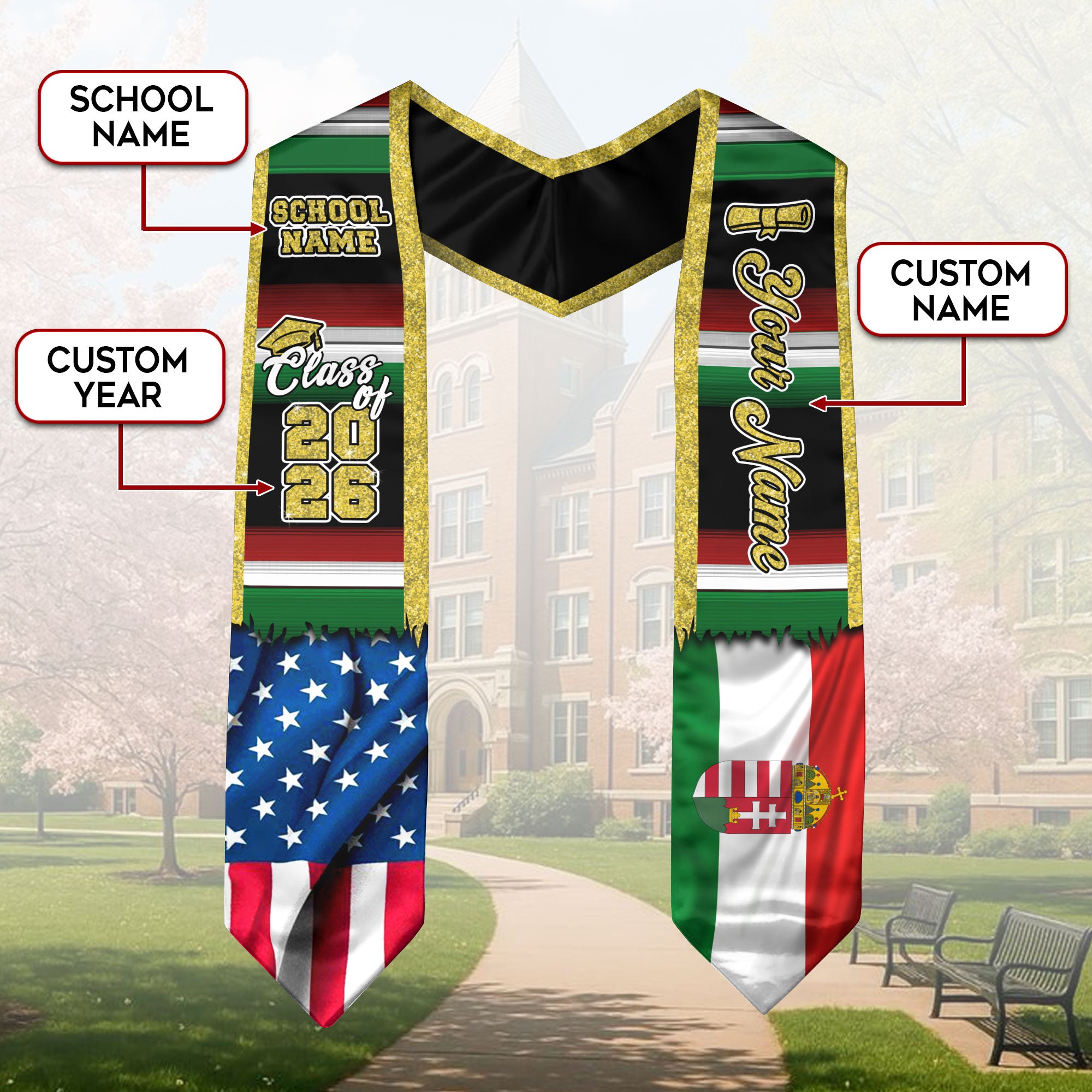 Customized Hungary Graduation Stole with Hungarian Flag Heritage Accents, Graduation Sash Class of 2026
