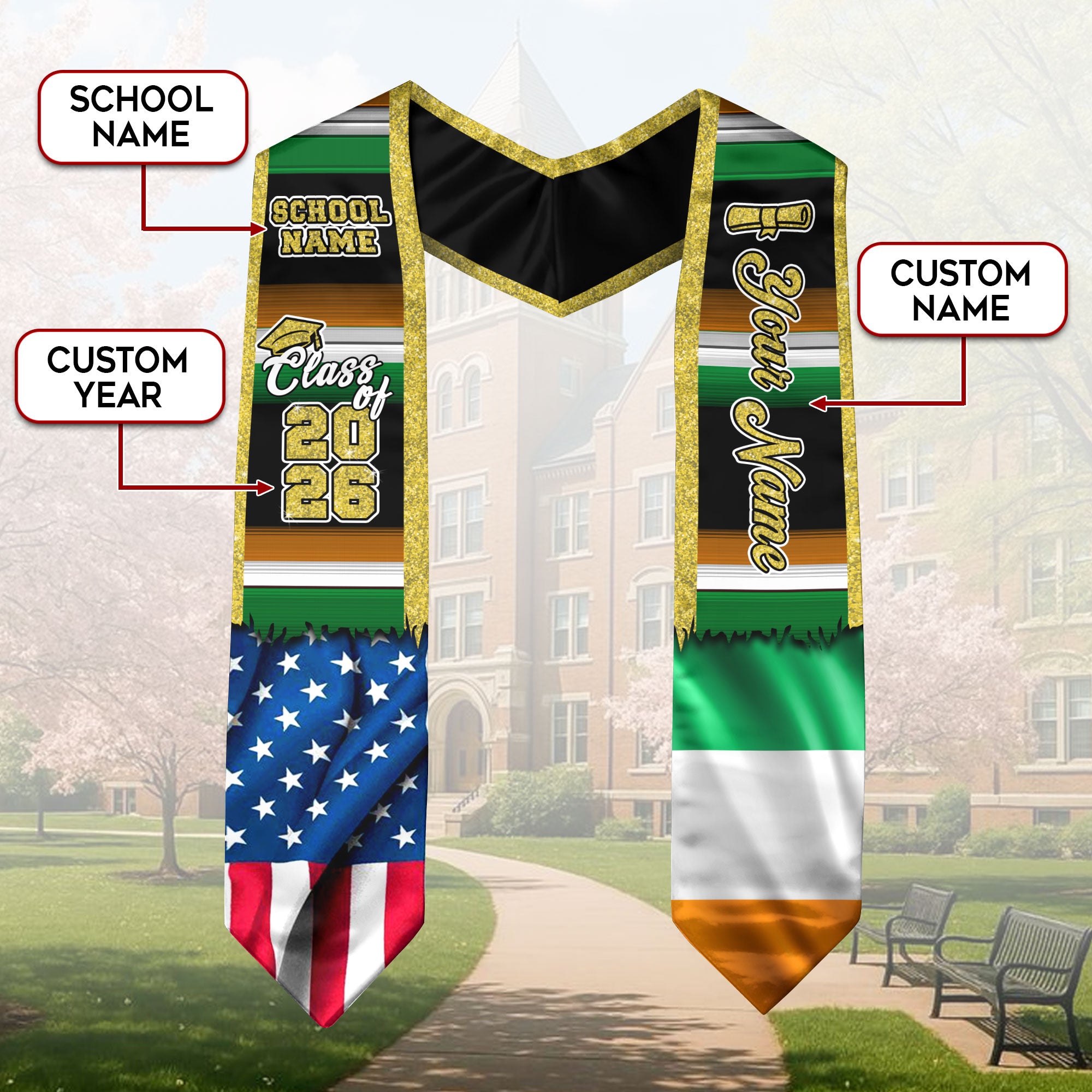 Customized Ireland Graduation Stole with Irish Flag Design Elements, Graduation Sash Class of 2026
