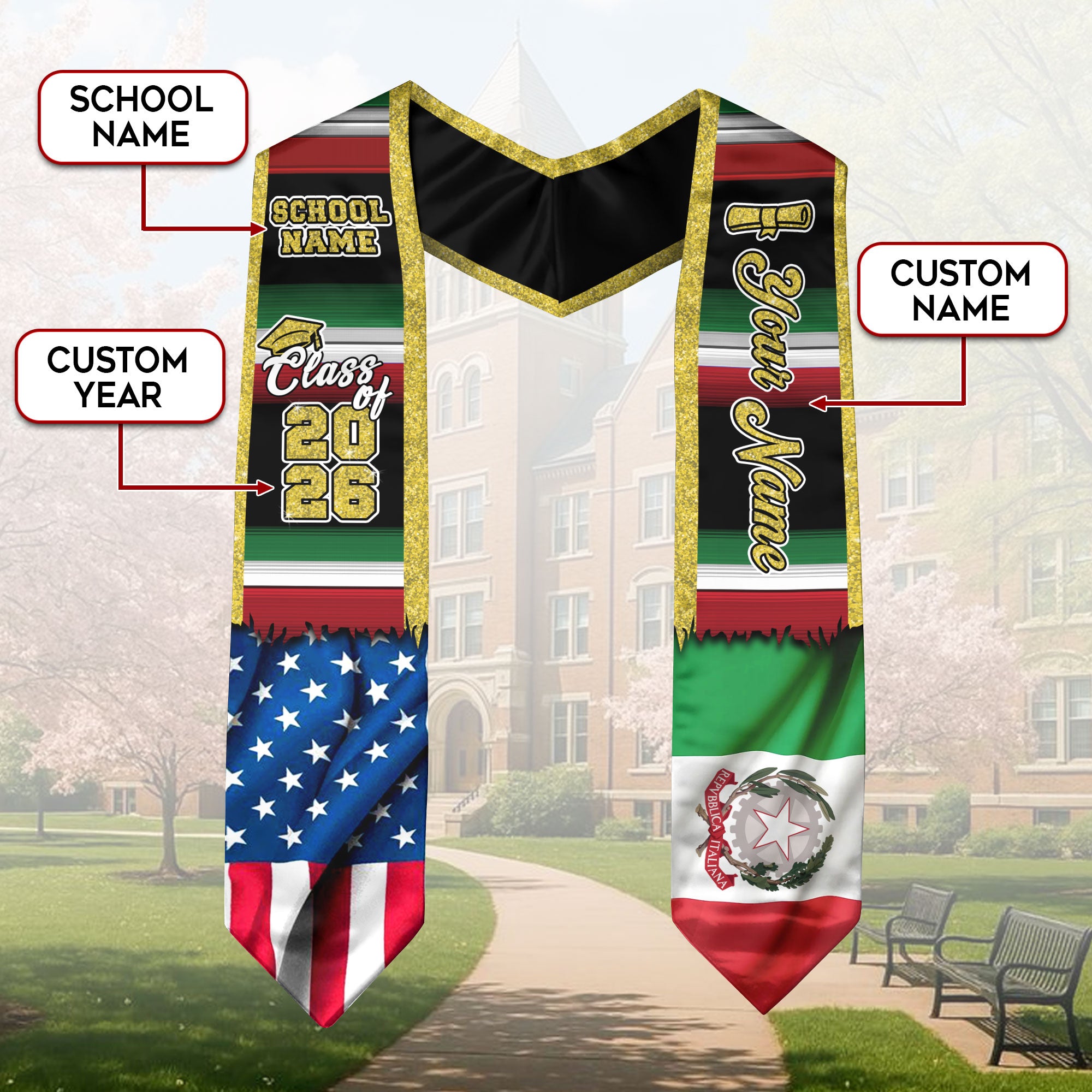Customized Italy Graduation Stole Featuring Italian Flag Heritage Pattern, Graduation Sash for Class of 2026