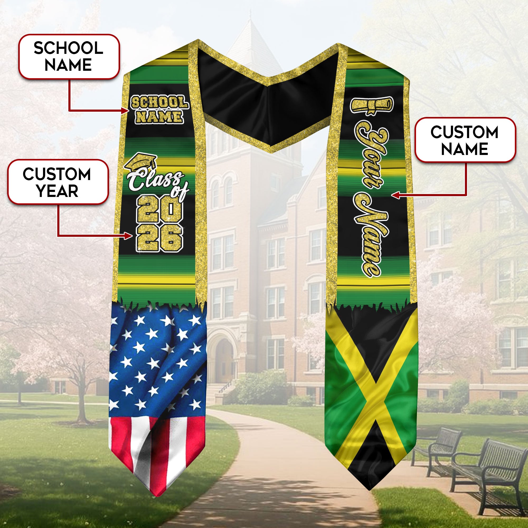 Customized Jamaica Graduation Stole Showcasing Jamaican Flag Style, Graduation Sash Class of 2026