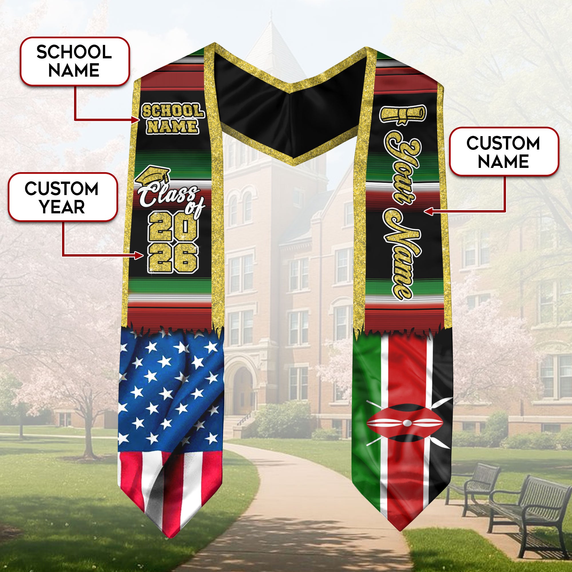 Customized Kenya Graduation Stole with Kenyan Flag Inspired Design, Graduation Sash for Class of 2026