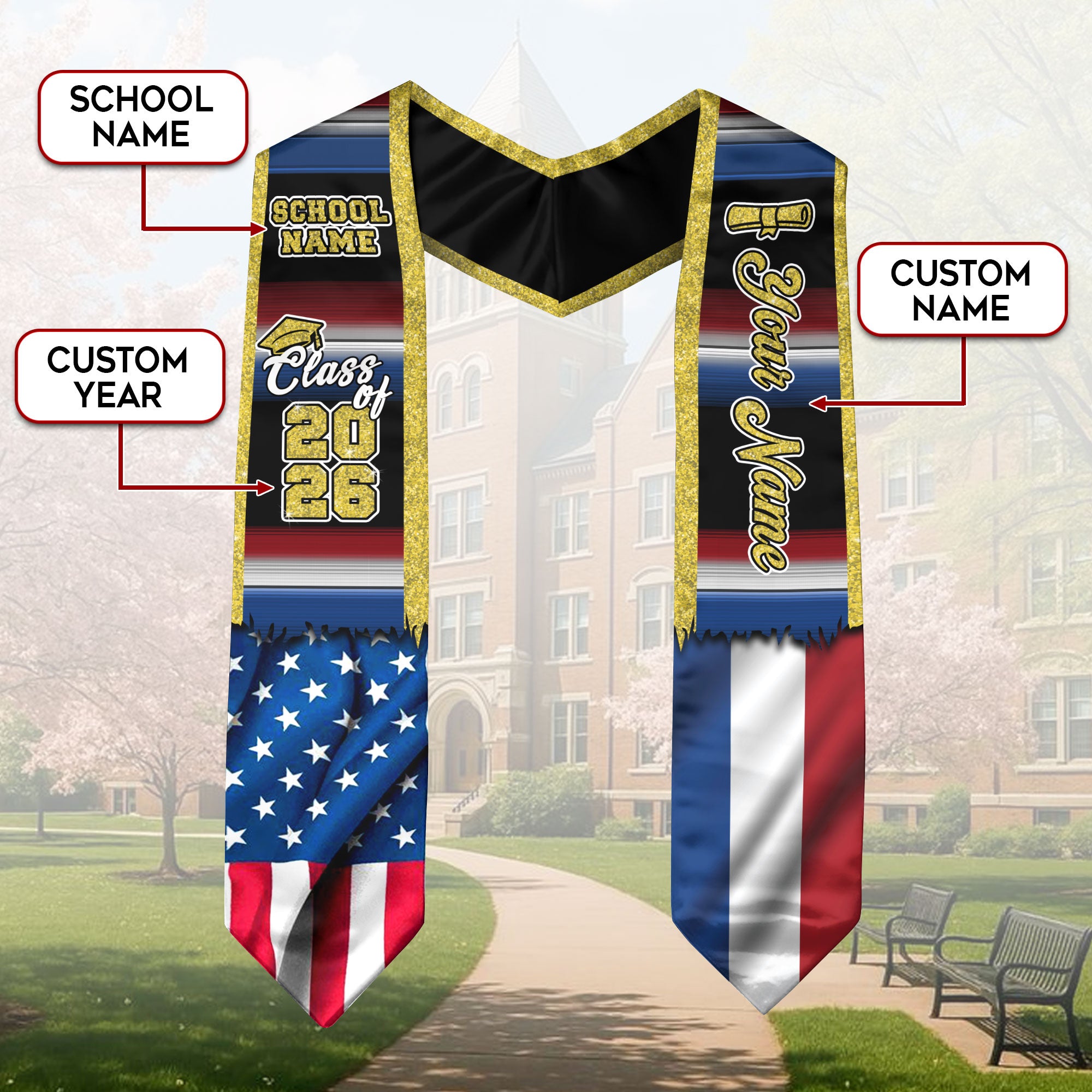 Customized Netherlands Graduation Stole with Dutch Flag Inspired Pattern, Graduation Sash for Class of 2026