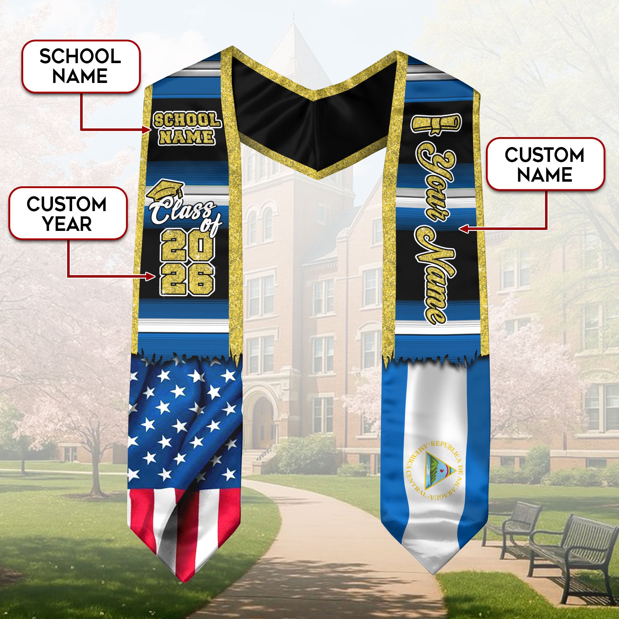 Customized Nicaragua Graduation Stole Showcasing Nicaraguan Flag Design, Graduation Sash Class of 2026