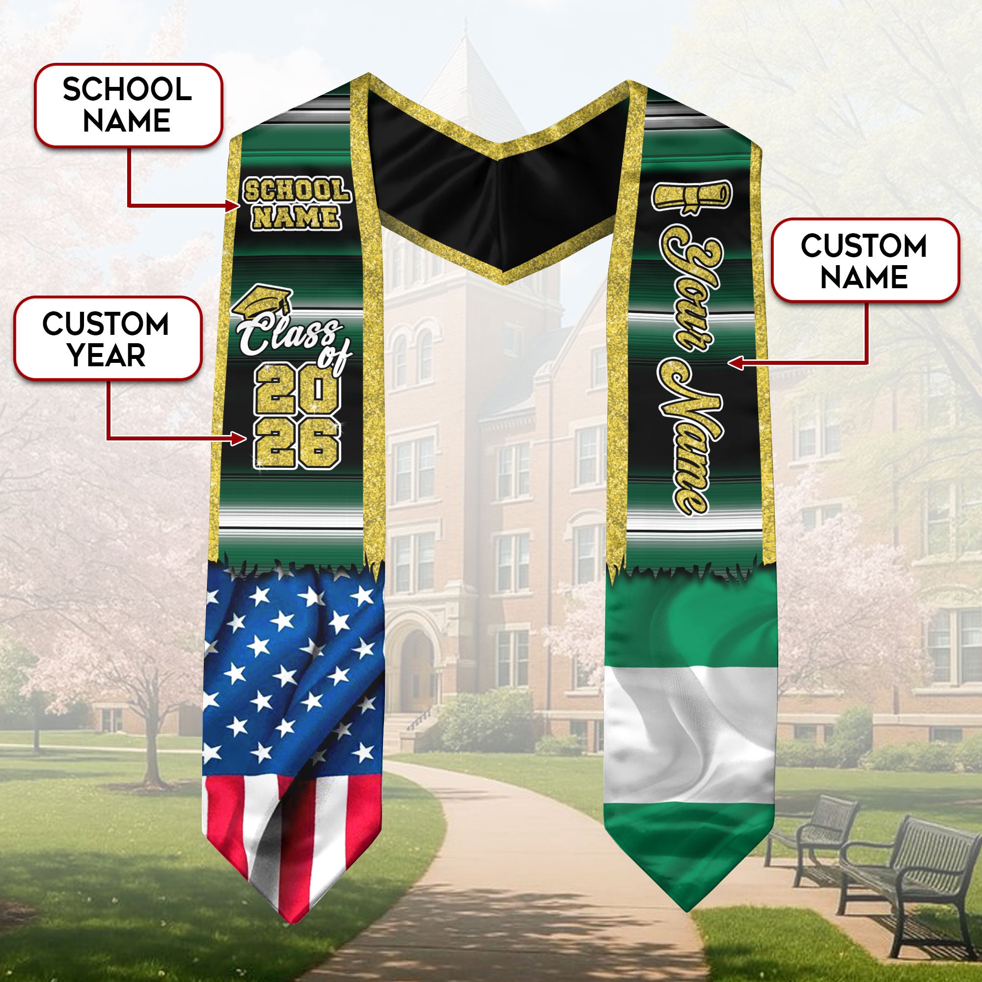 Customized Nigeria Graduation Stole Featuring Nigerian Flag Heritage Style, Graduation Sash for 2026