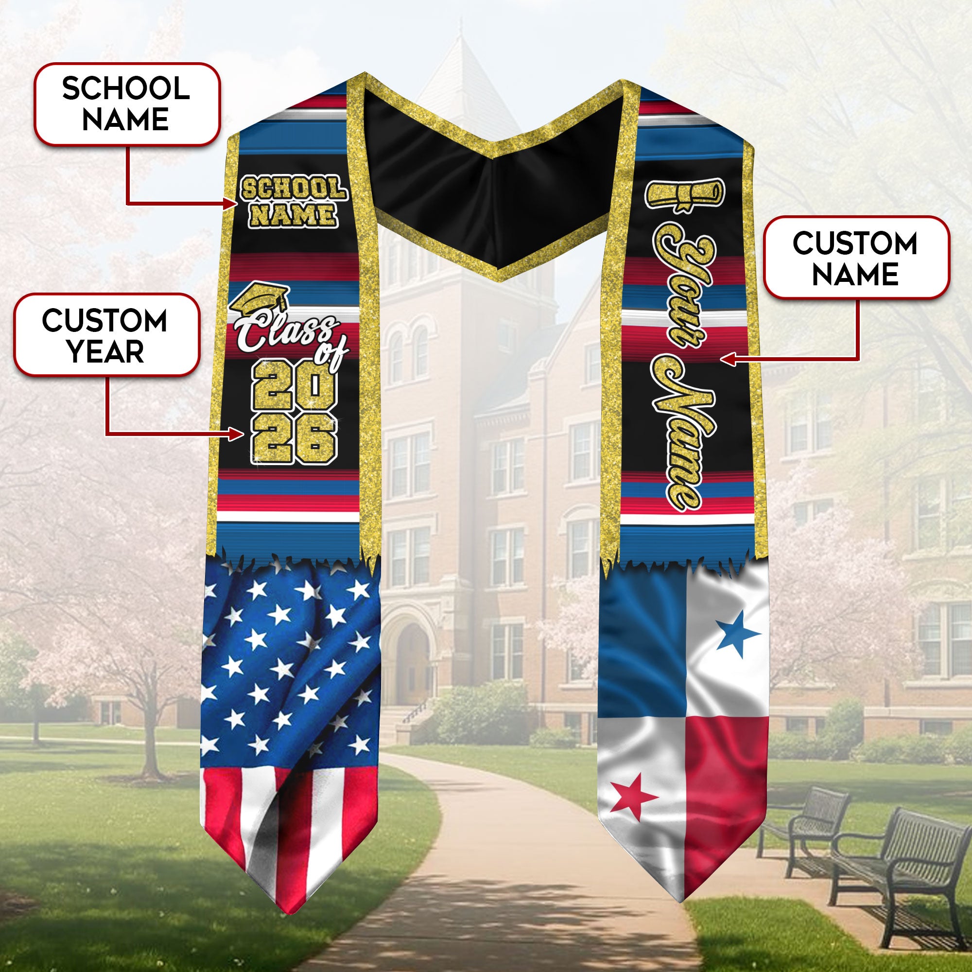 Customized Panama Graduation Stole Highlighting Panamanian Flag Elements, Graduation Sash for Class of 2026