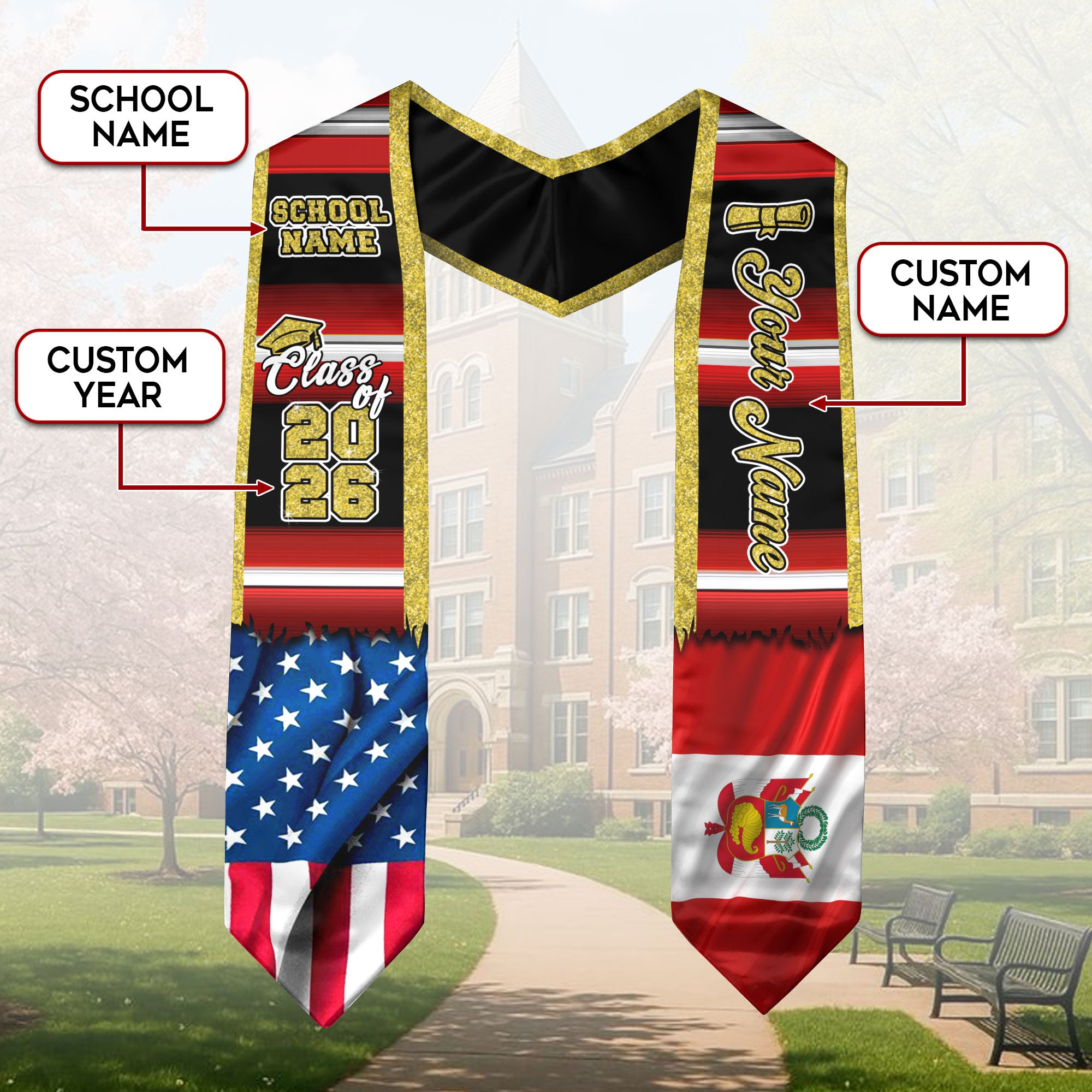Customized Peru Graduation Stole Featuring Peruvian Flag Heritage Pattern, Graduation Sash Class of 2026