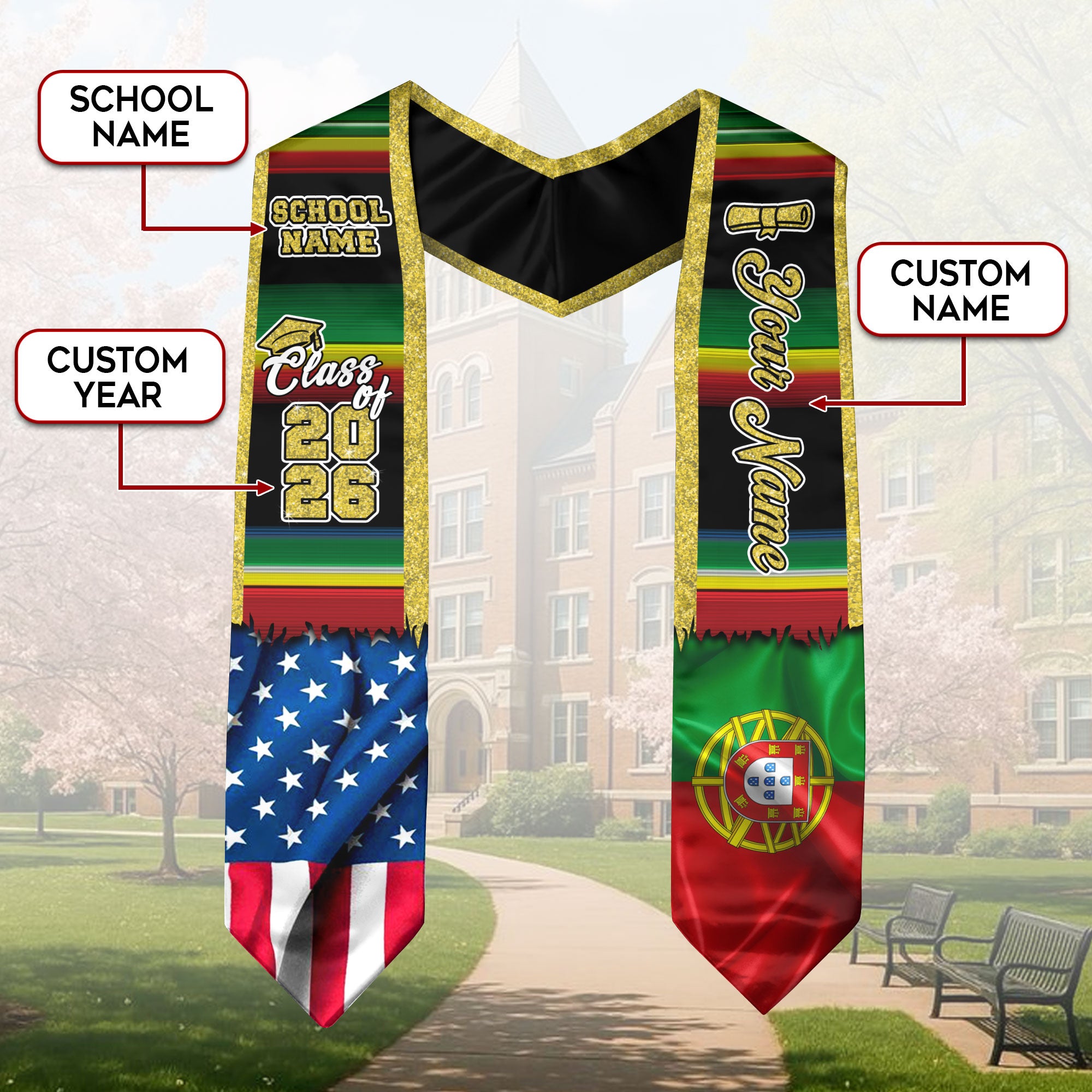 Customized Portugal Graduation Stole Showcasing Portuguese Flag Design, Graduation Sash Class of 2026