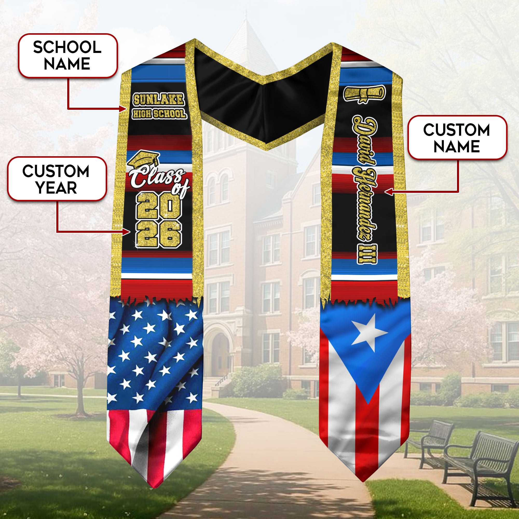 Customized Puerto Rico Graduation Stole Featuring Puerto Rican Flag Heritage, Graduation Sash Class of 2026