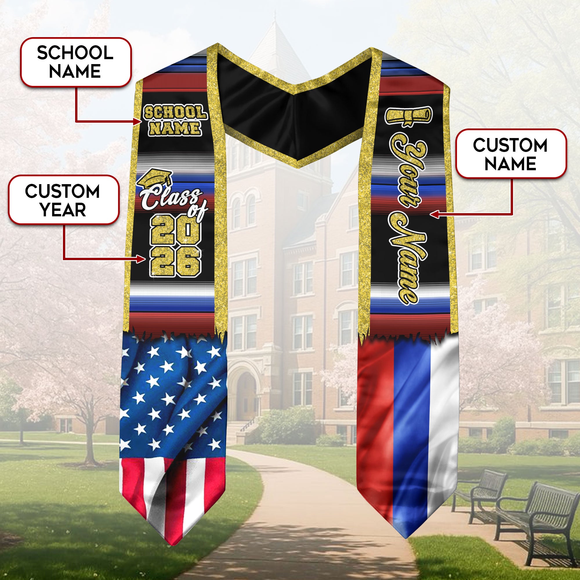 Customized Russia Graduation Stole with Russian Flag Inspired Accents, Graduation Sash for Class of 2026