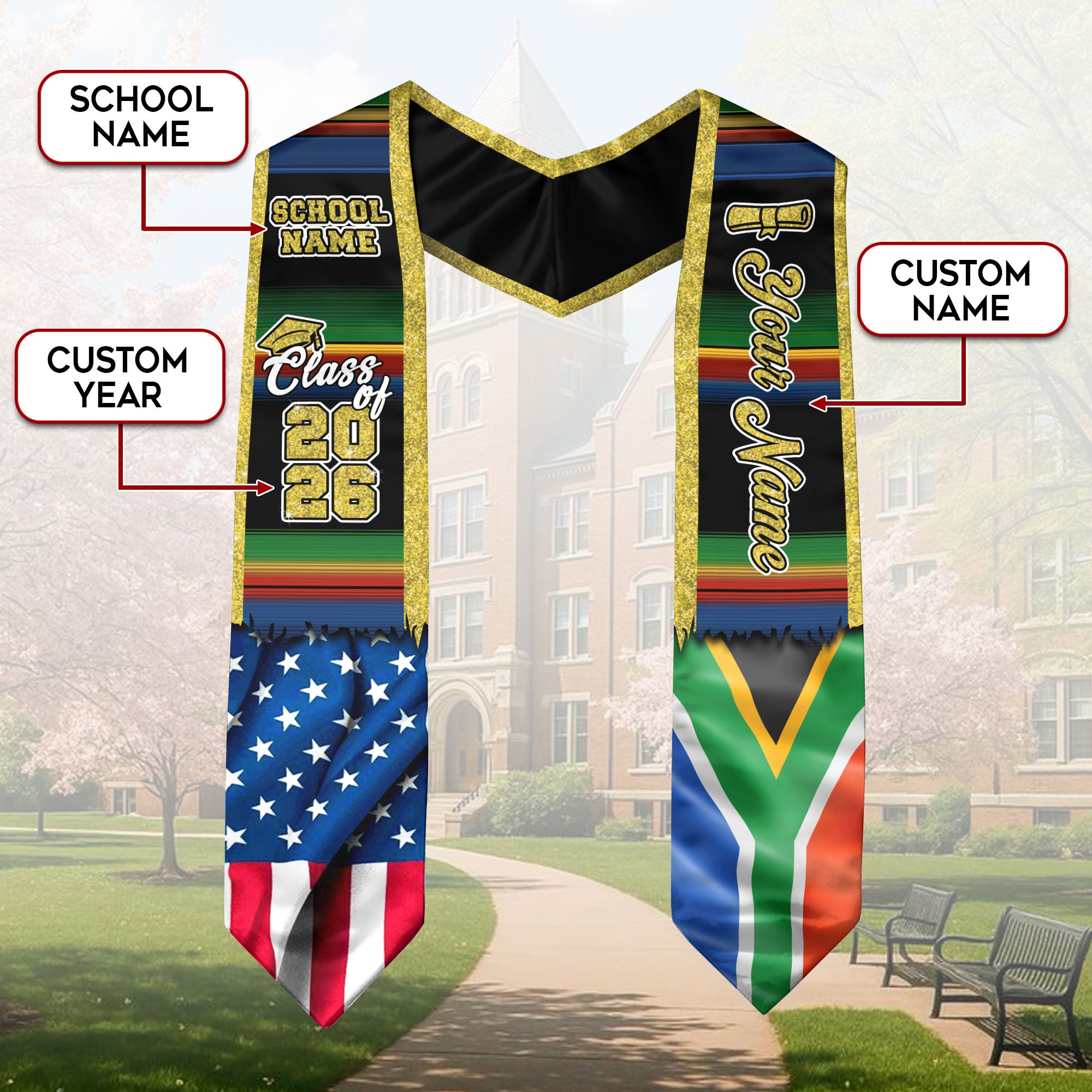 Customized South Africa Graduation Stole Featuring National Flag Heritage Style, Graduation Sash Class of 2026