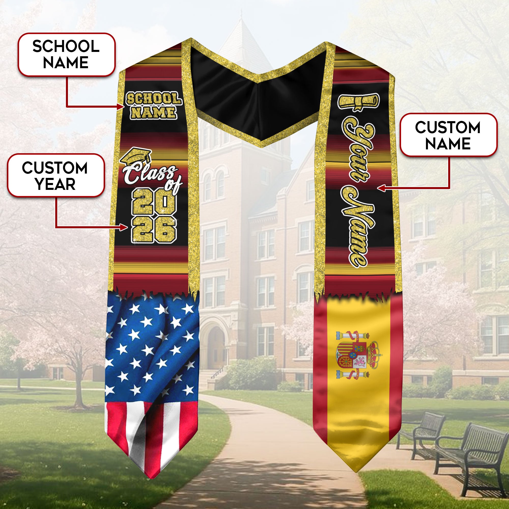 Customized Spain Graduation Stole with Spanish Flag Inspired Design, Graduation Sash for Class of 2026