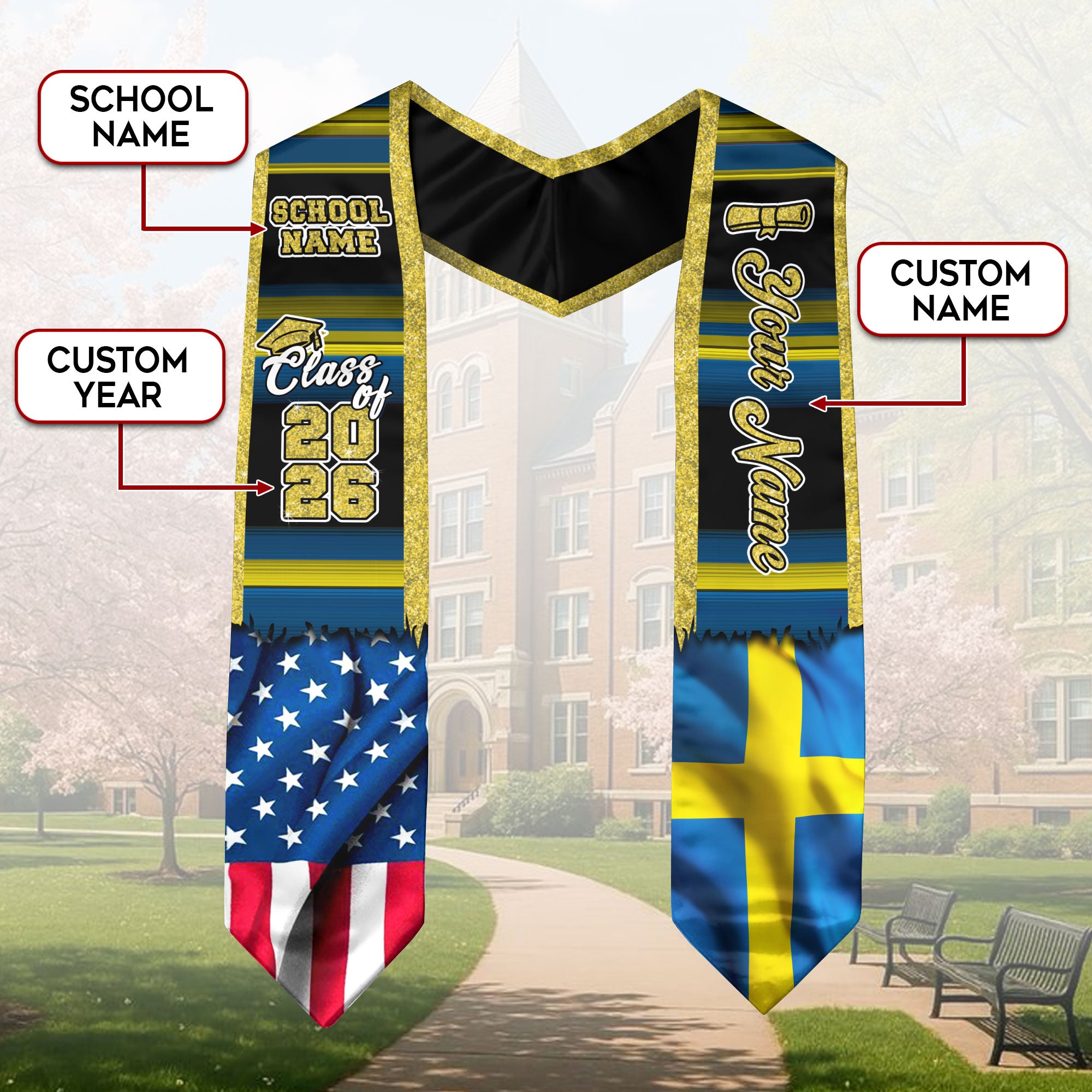 Customized Sweden Graduation Stole Highlighting Swedish Flag Heritage Pattern, Graduation Sash Class of 2026