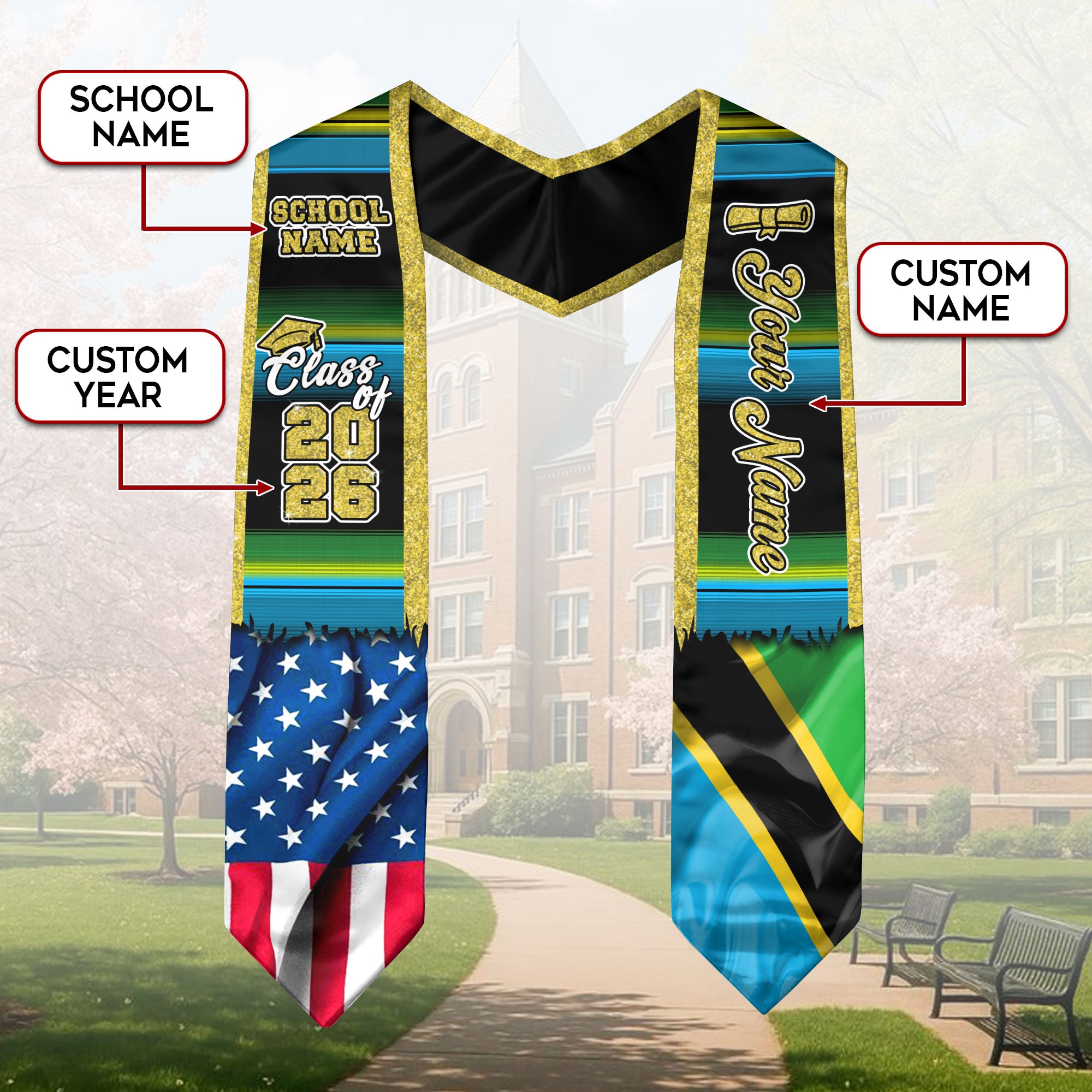 Customized Tanzania Graduation Stole Featuring Tanzanian Flag Design, Graduation Sash for Class of 2026