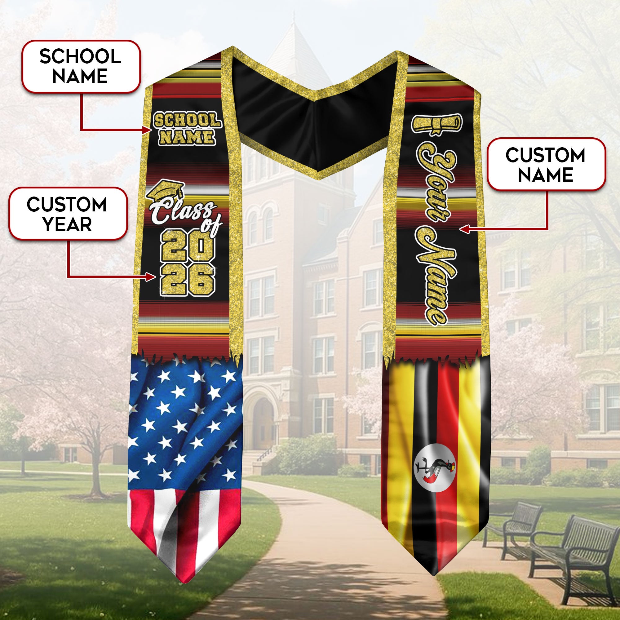 Customized Uganda Graduation Stole with Ugandan Flag Inspired Style, Graduation Sash Class of 2026