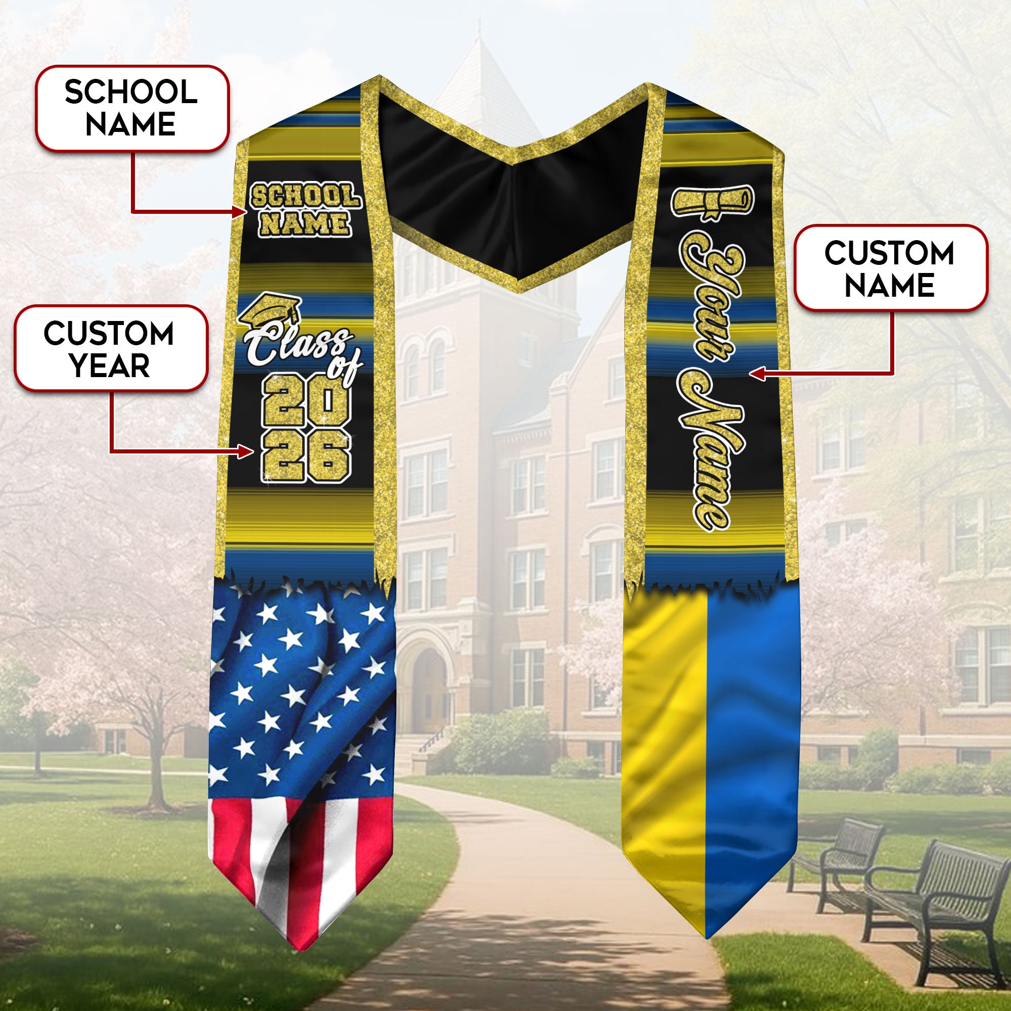 Customized Ukraine Graduation Stole Showcasing Ukrainian Flag Heritage Design, Graduation Sash Class of 2026
