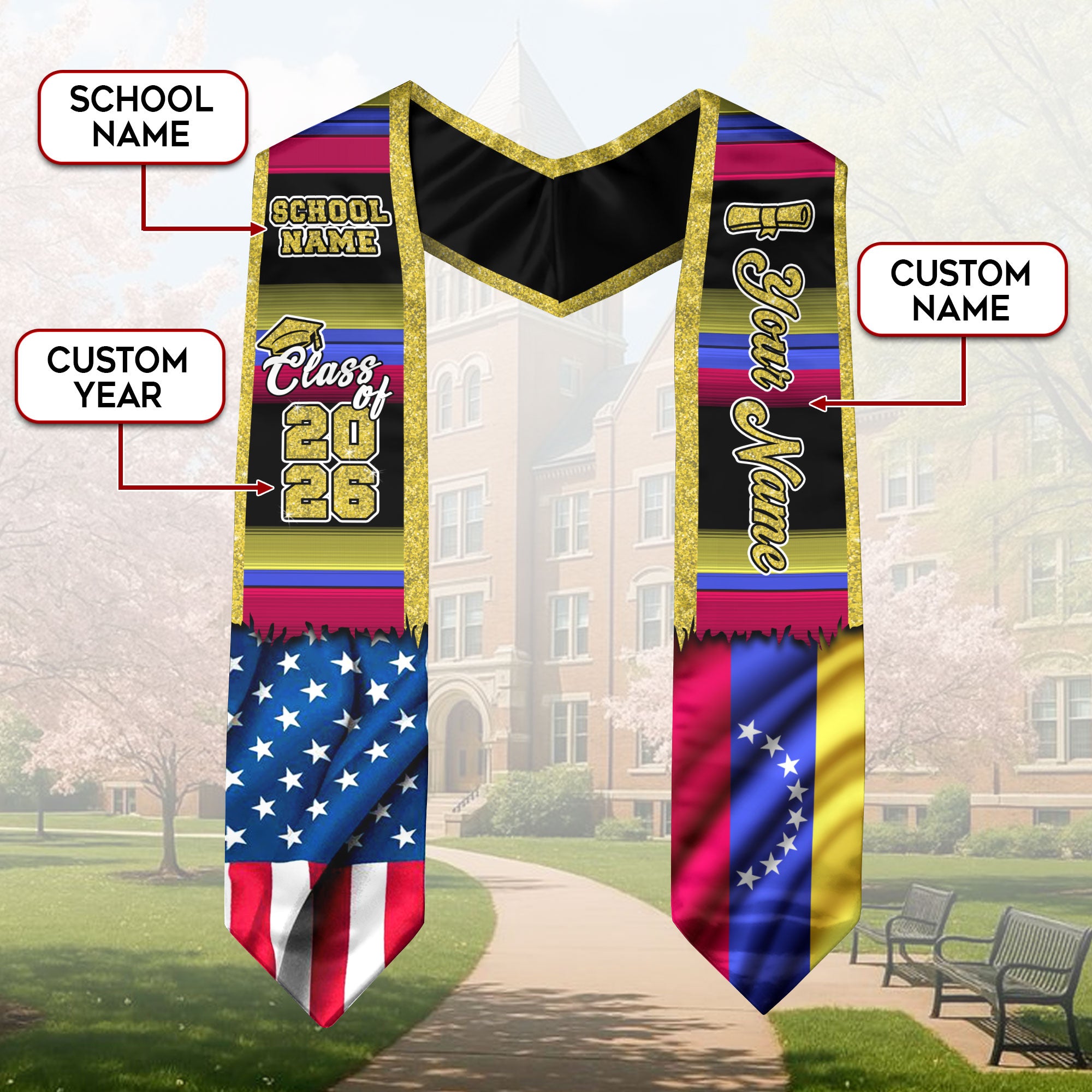Customized Venezuela Graduation Stole Featuring Venezuelan Flag Inspired Pattern, Graduation Sash for 2026
