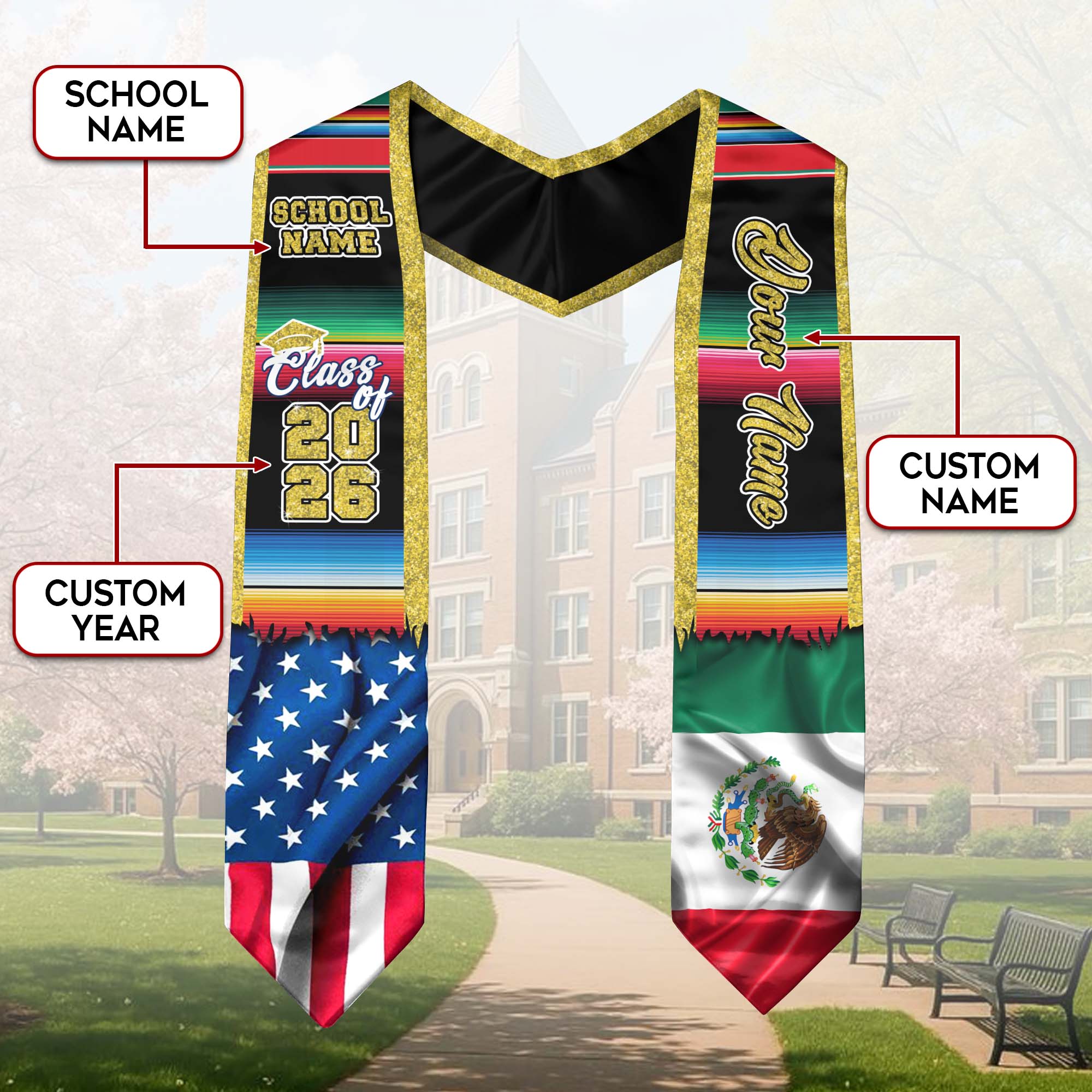 Mexican American Flag Graduation Stole 2026, Mexico Graduation Stole, Mexican Sash