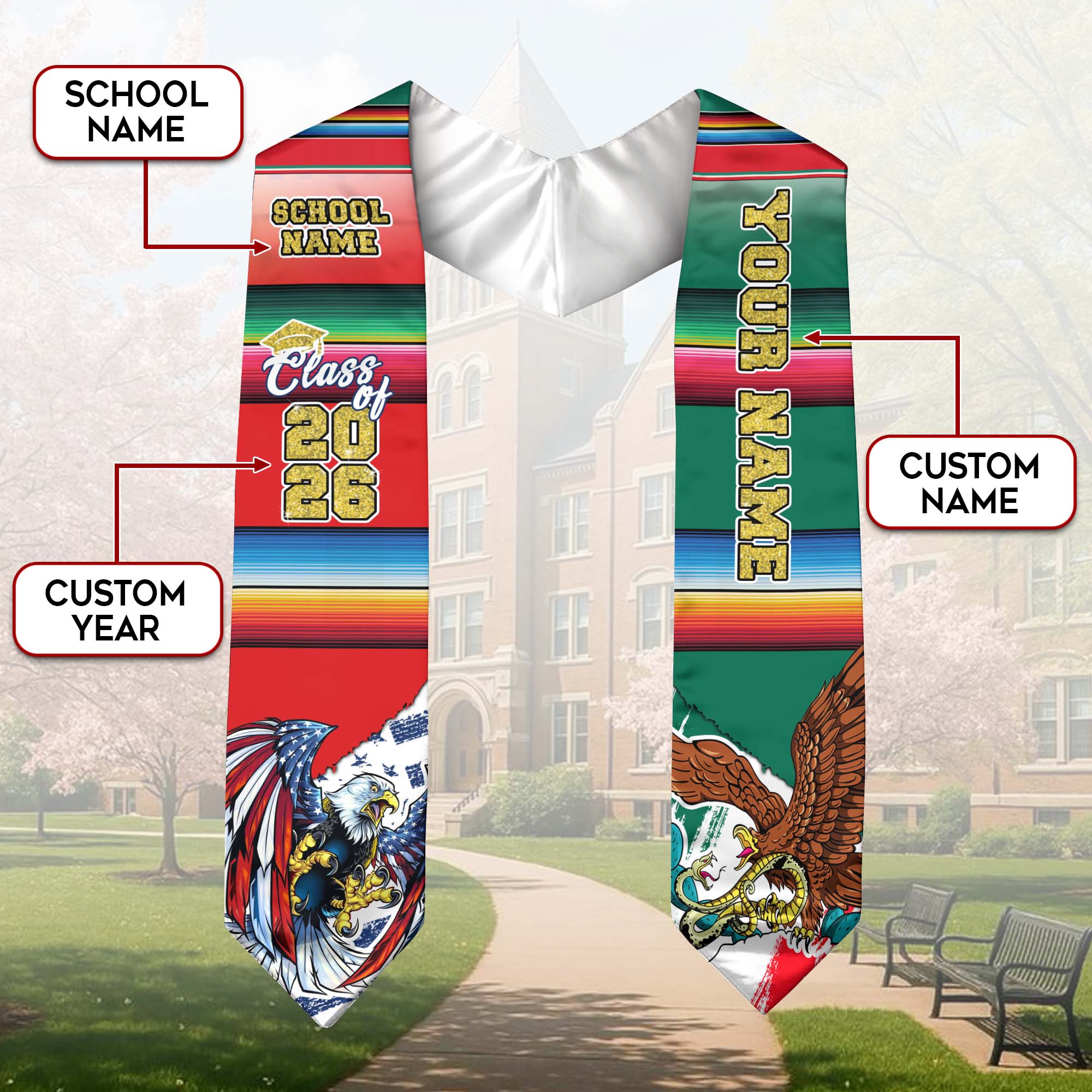 Mexican Graduation Sash, Stole Mexico 2026, Mexican Flag Graduation Stole