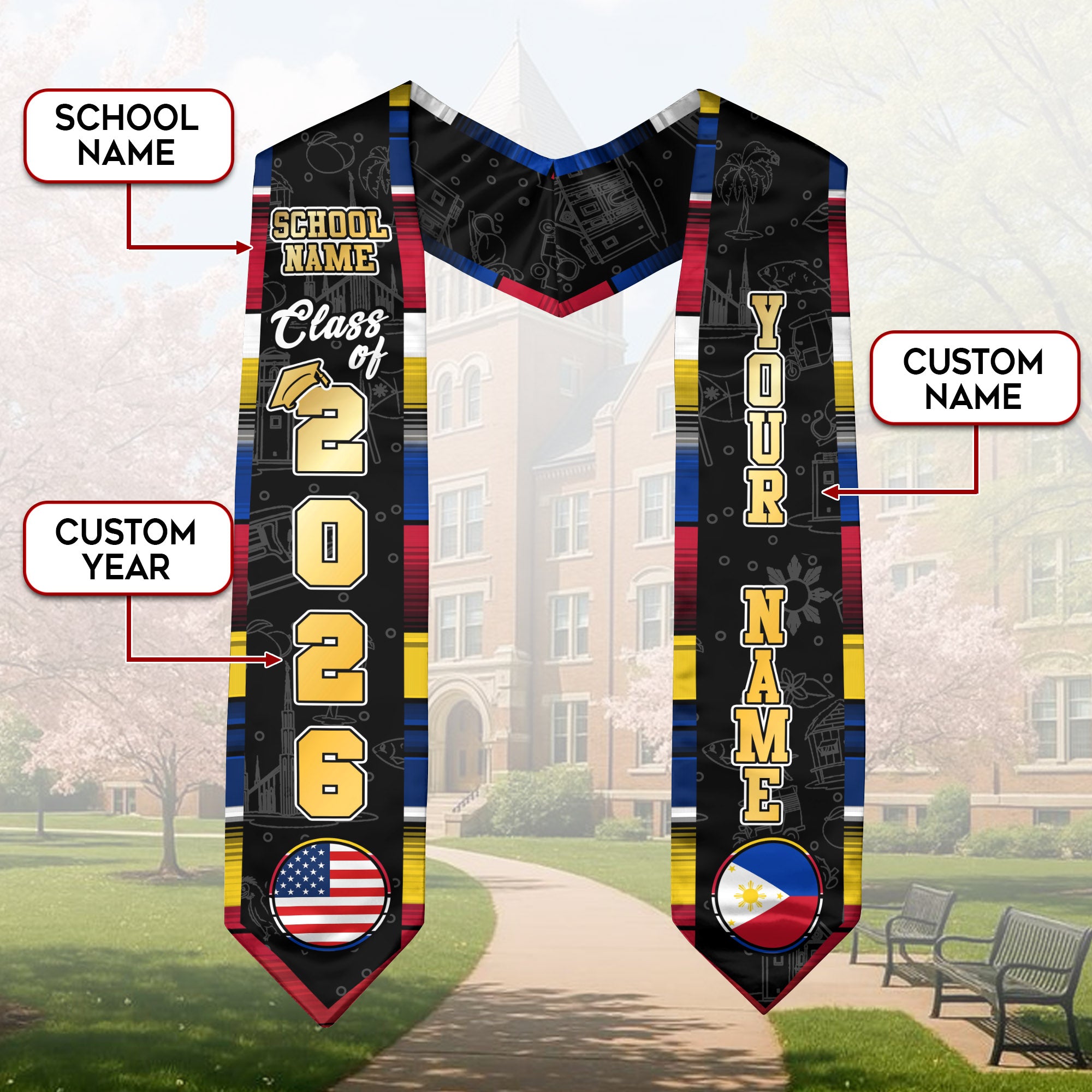 Filipino Flag Graduation Stole 2026, Philippines Sash Stole, Custom Accent for Graduates