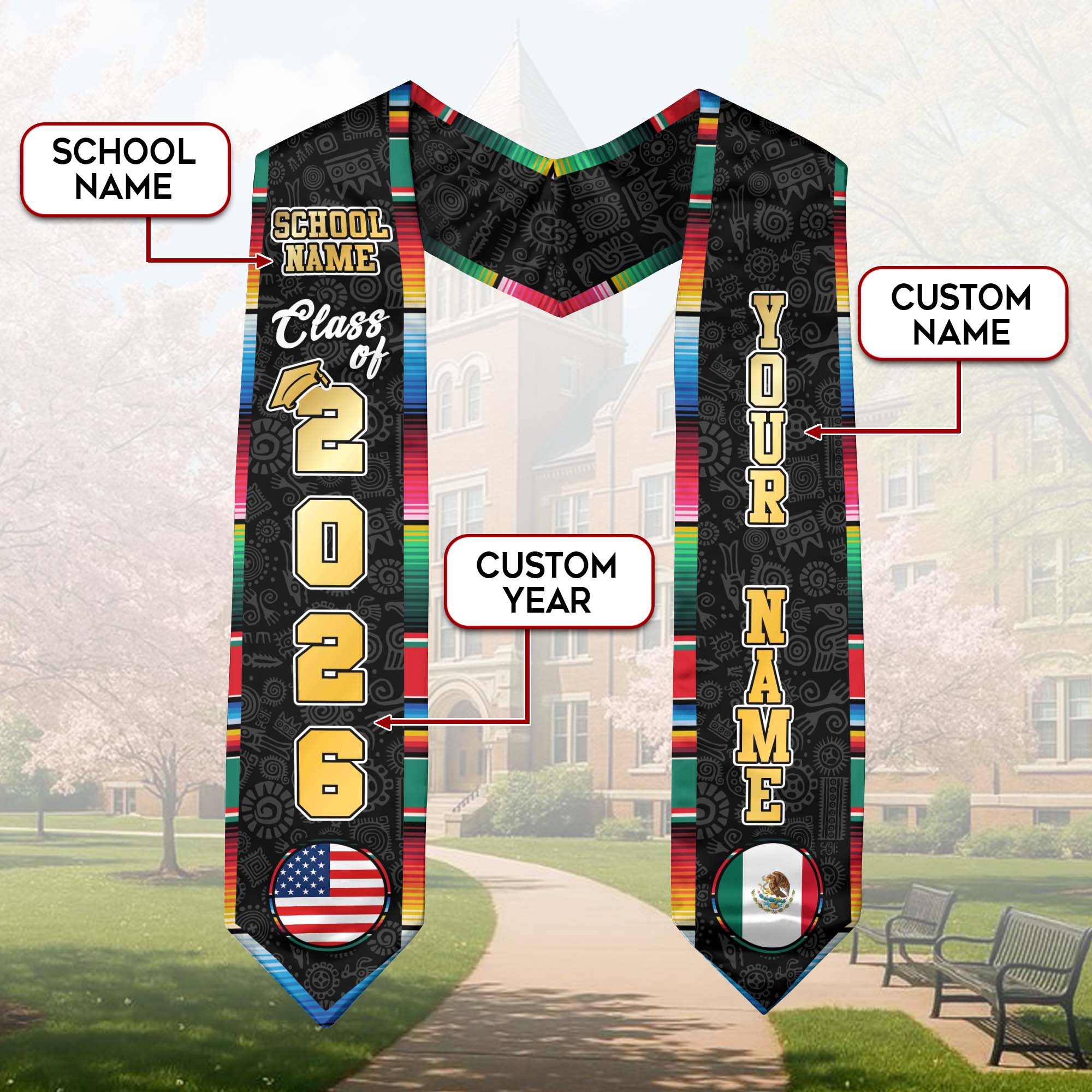 Mexico Graduation Sash 2026, Mexican Stole, Mexican American Flag Stole