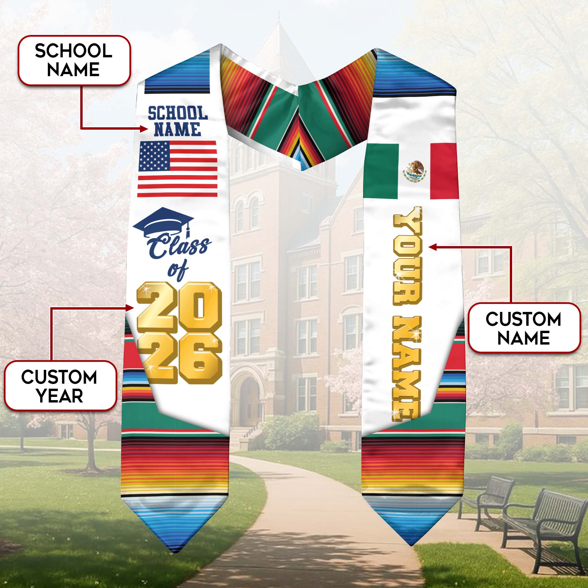 Mexican Stole 2026, Mexico Graduation Stole, Mexican American Flag Sash