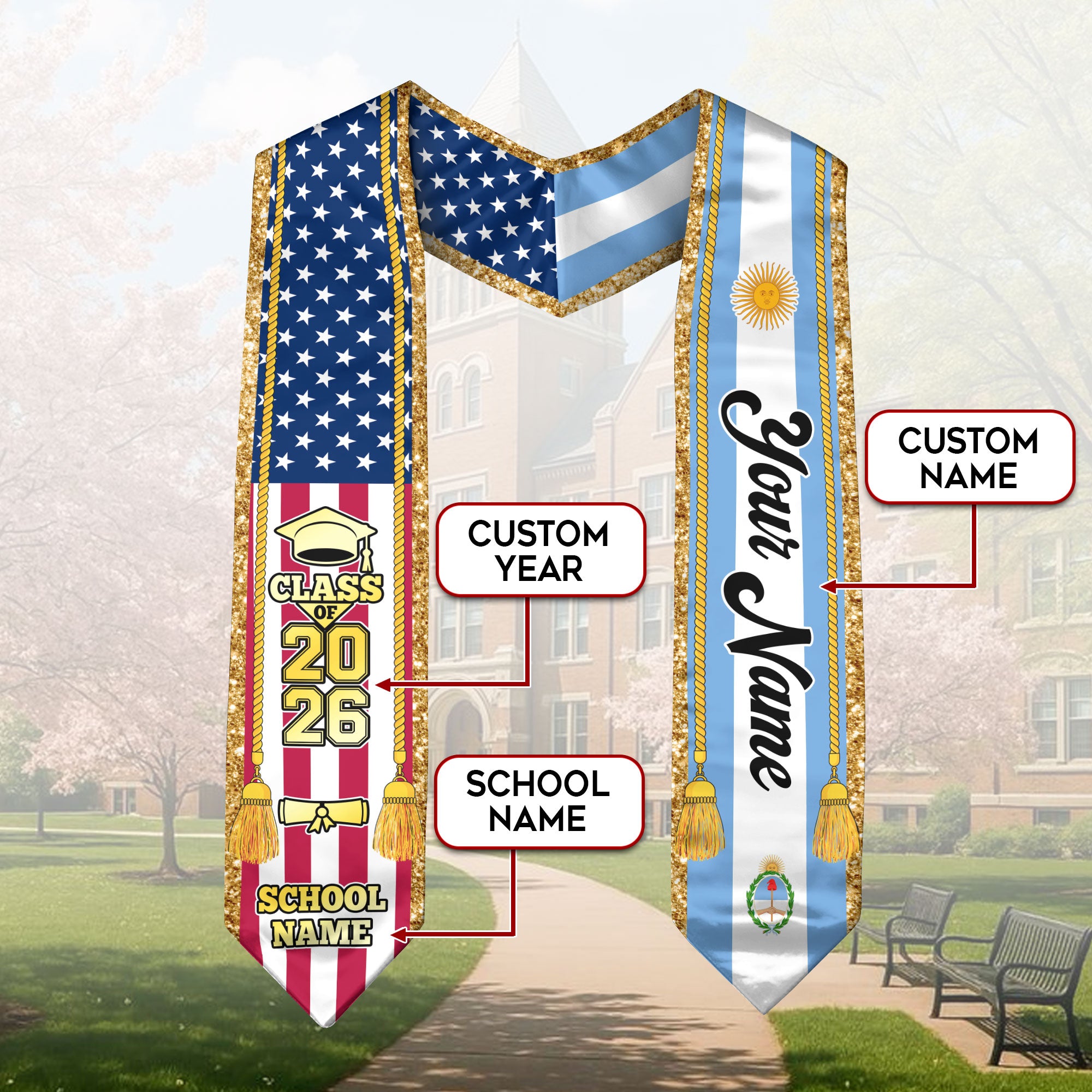 Customized Argentina Graduation Stole with Flag Emblem, Graduation Sash for Class of 2026