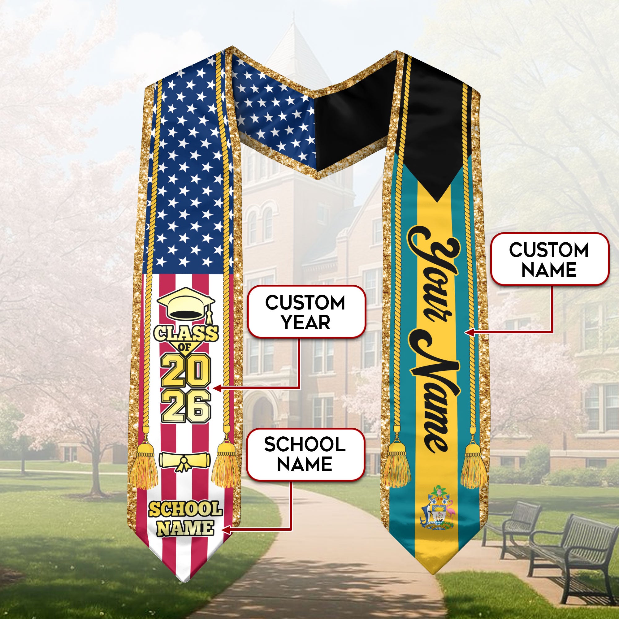 Customized Bahamas Graduation Stole with Island Flag Emblem, Graduation Sash for Class of 2026