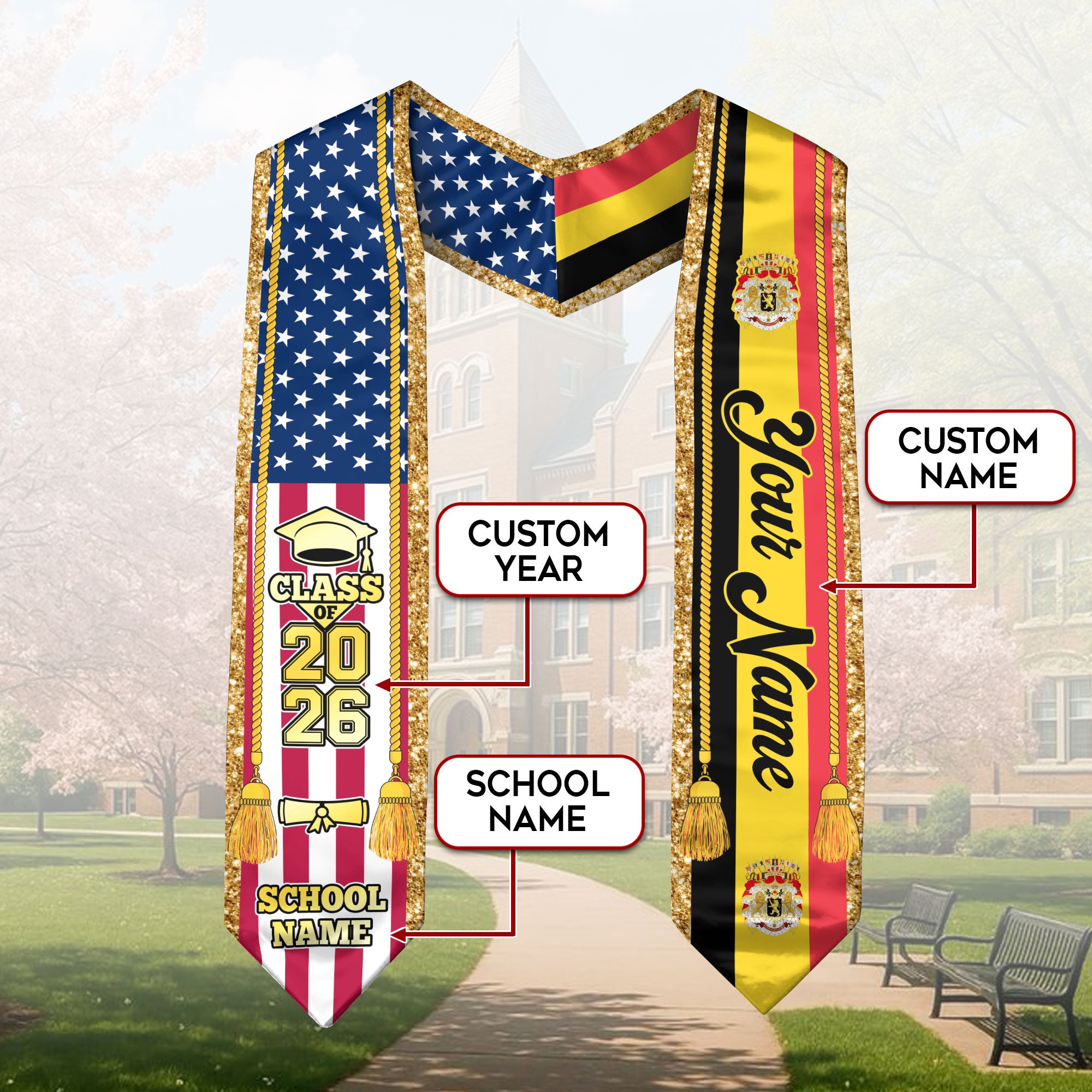 Customized Belgium Graduation Stole with Belgian Flag Emblem, Graduation Sash for Class of 2026