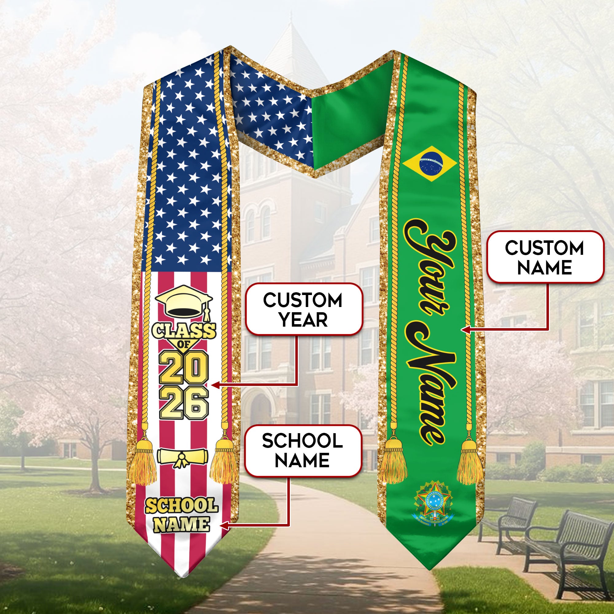 Customized Brazil Graduation Stole with Brazilian Flag Emblem, Graduation Sash for Class of 2026