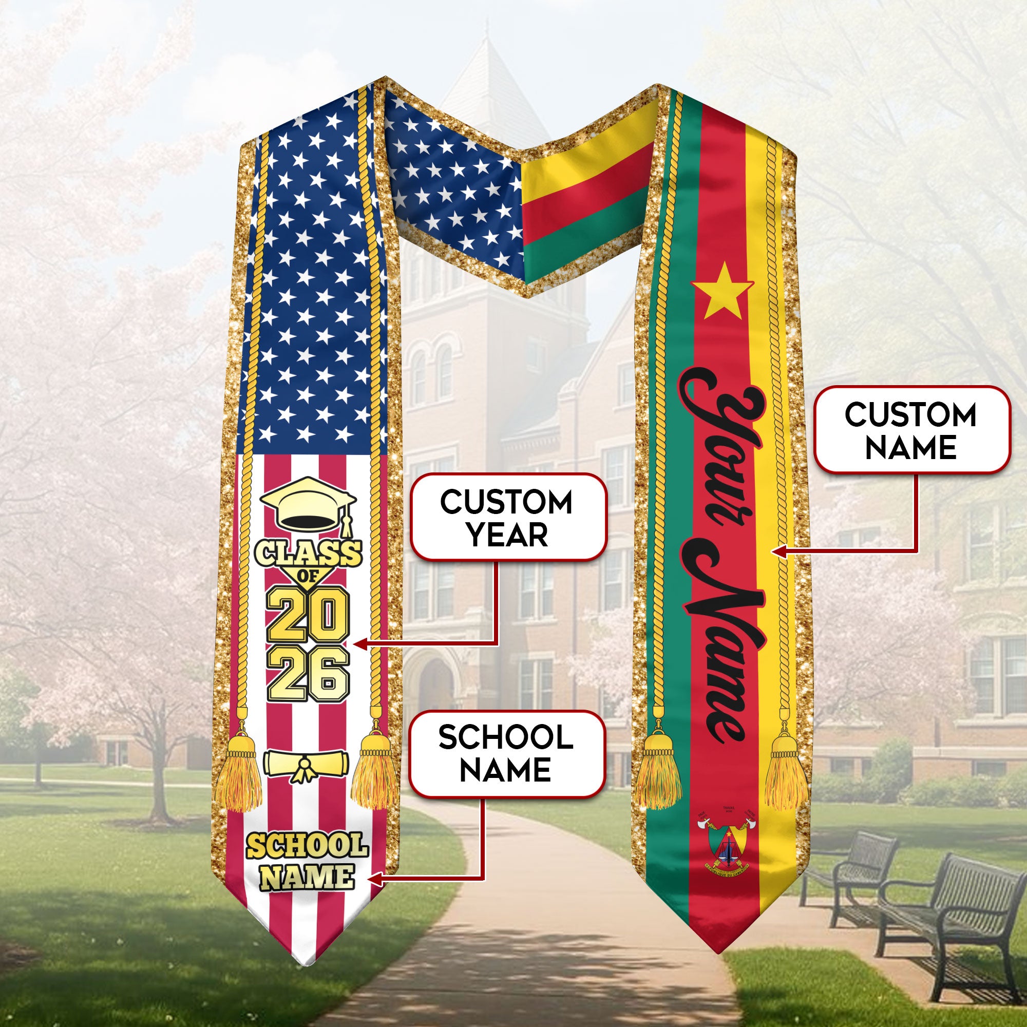 Customized Cameroon Graduation Stole with National Flag Emblem, Graduation Sash for Class of 2026