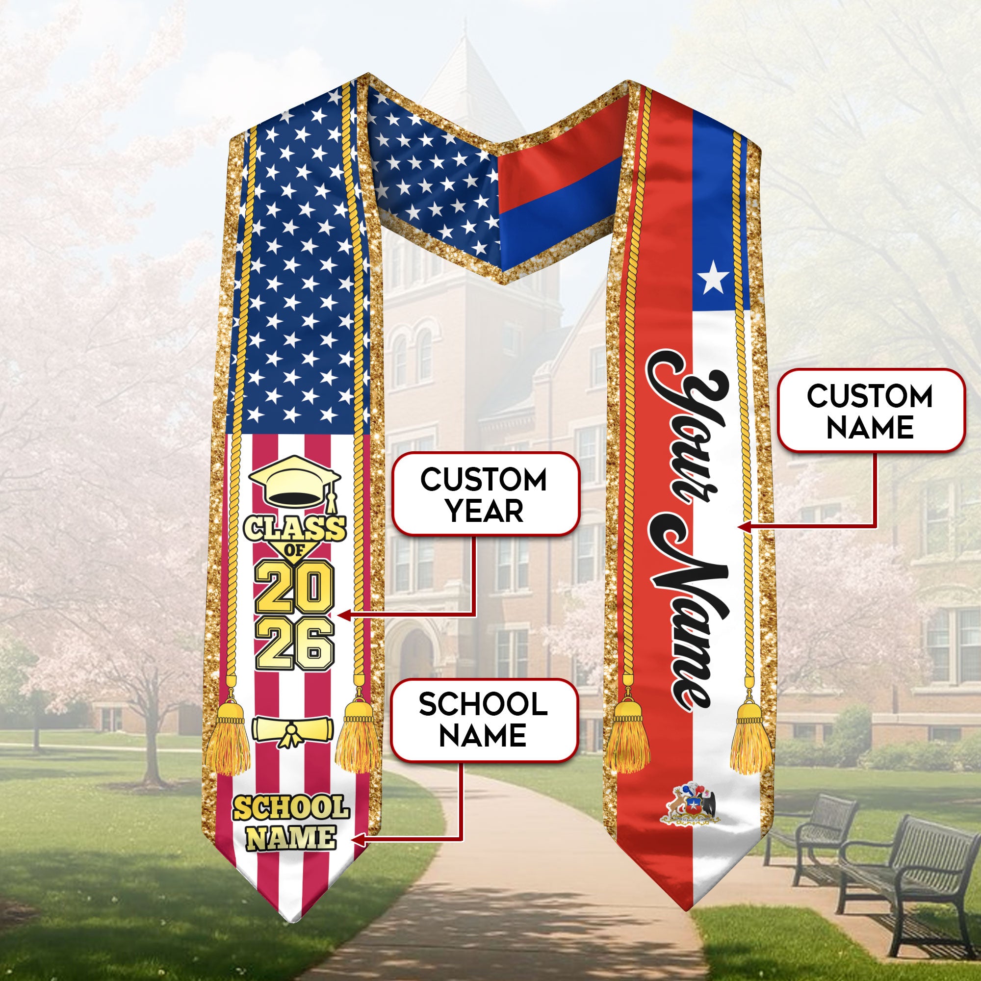 Customized Chile Graduation Stole with Chilean Flag Emblem, Graduation Sash for Class of 2026