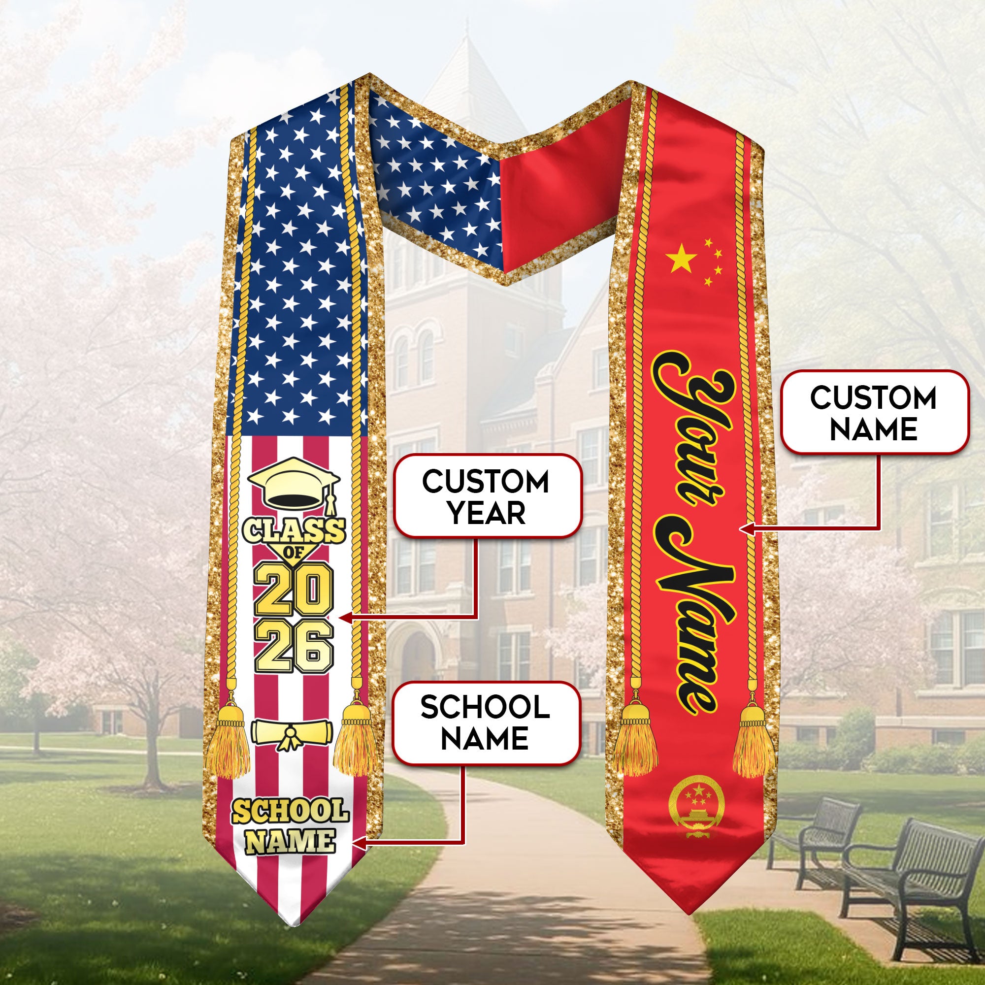 Customized China Graduation Stole with Chinese Flag Emblem, Graduation Sash for Class of 2026