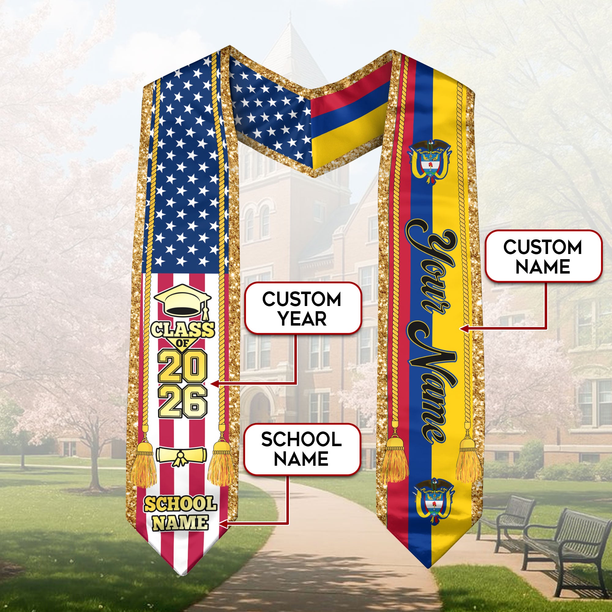 Customized Colombia Graduation Stole with Colombian Flag Emblem, Graduation Sash for Class of 2026