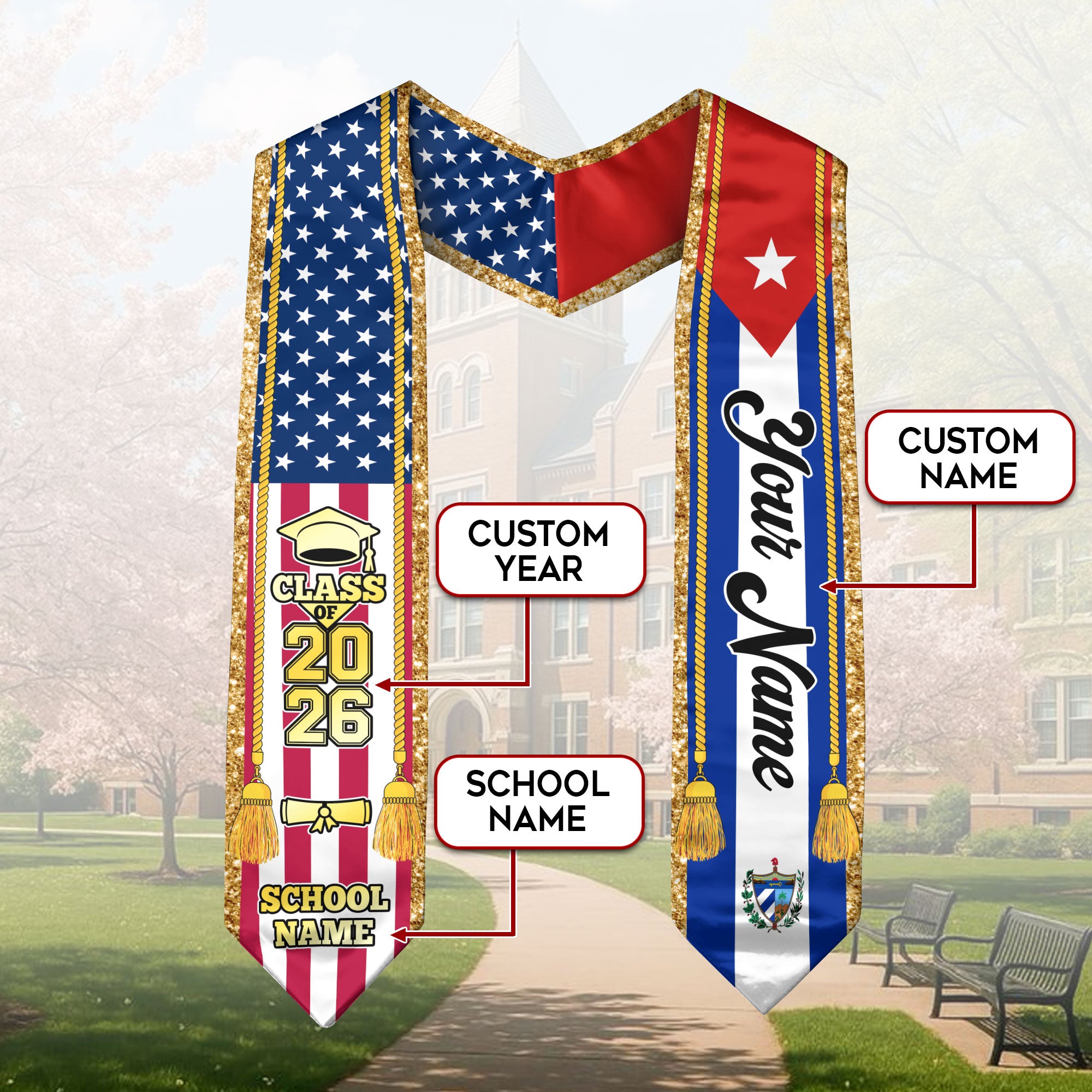 Customized Cuba Graduation Stole with Cuban Flag Emblem, Graduation Sash for Class of 2026