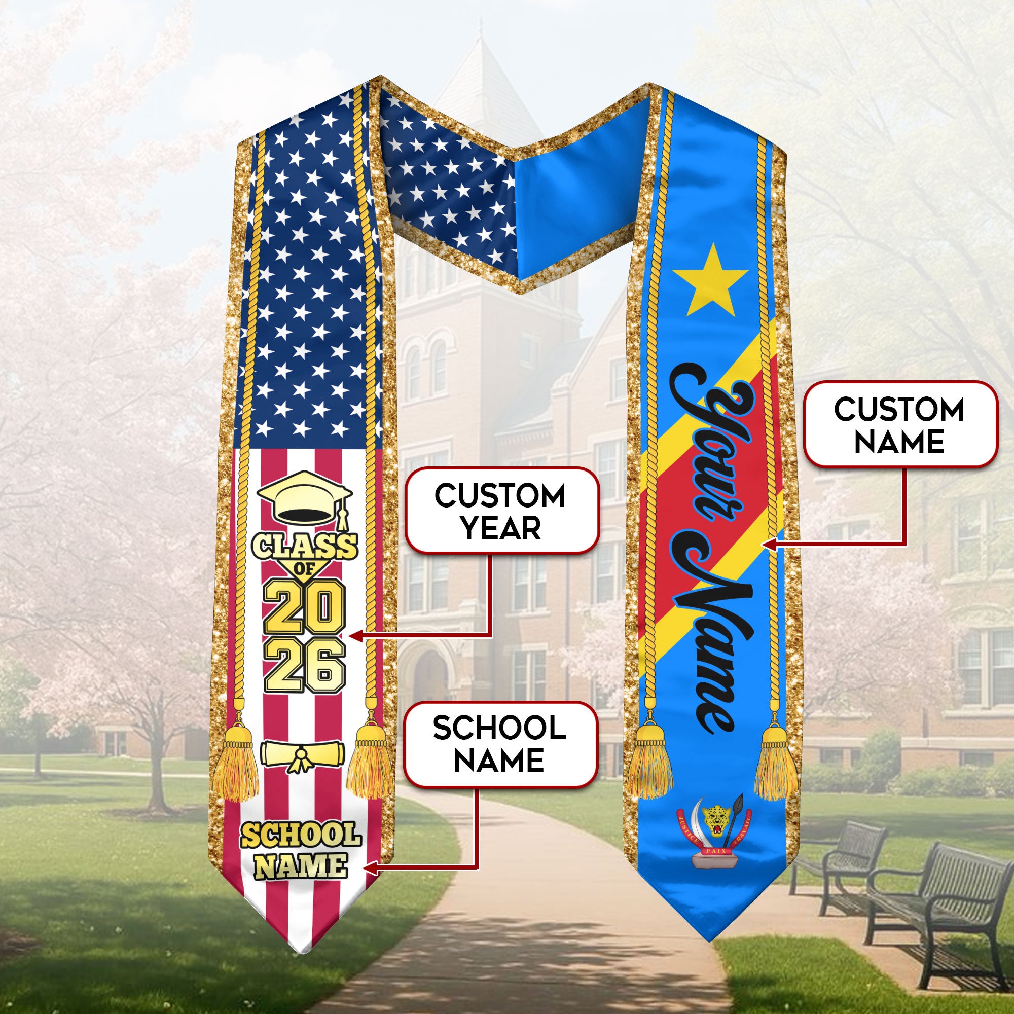 Customized DR Congo Graduation Stole with National Flag Emblem, Graduation Sash for Class of 2026