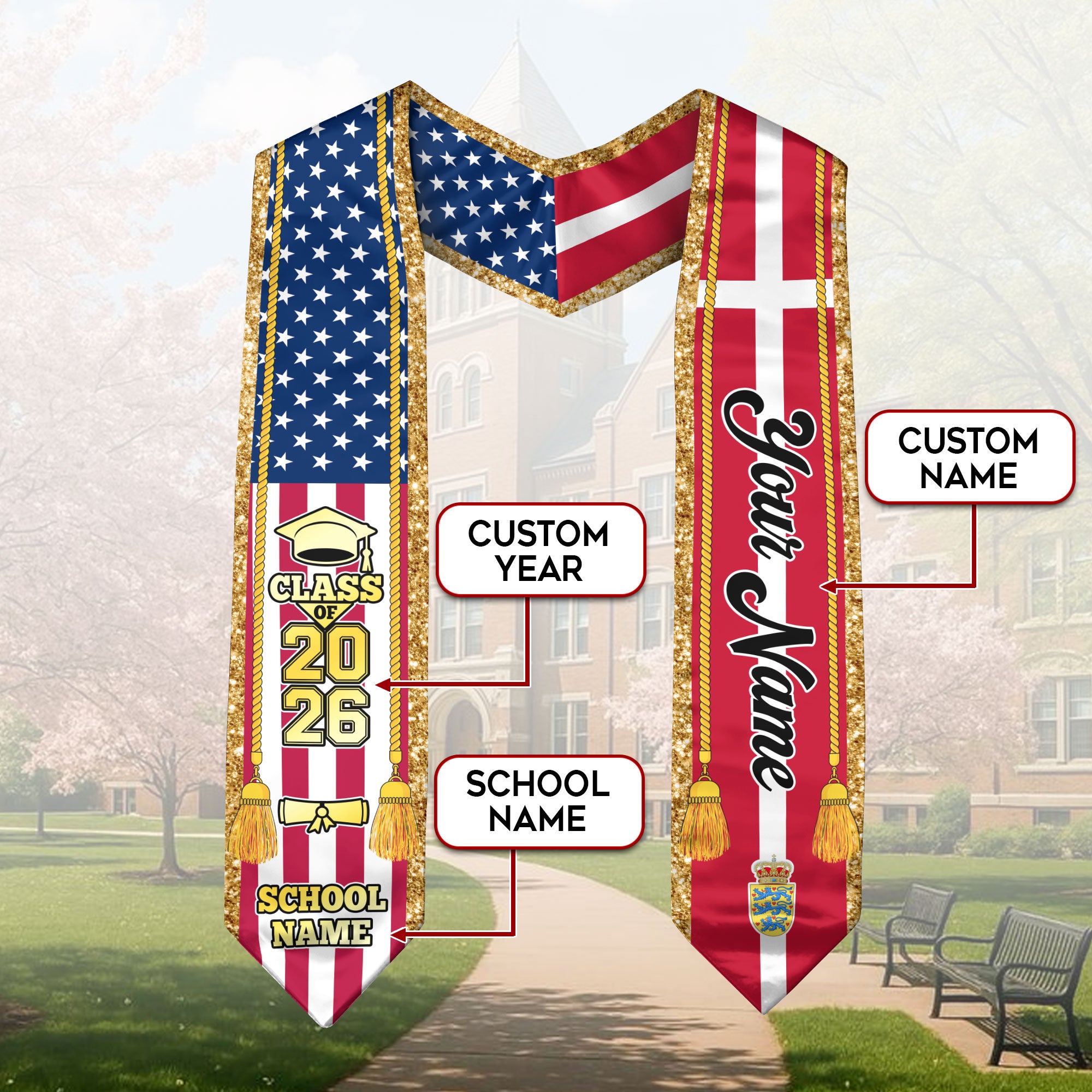 Customized Denmark Graduation Stole with Danish Flag Emblem, Graduation Sash for Class of 2026