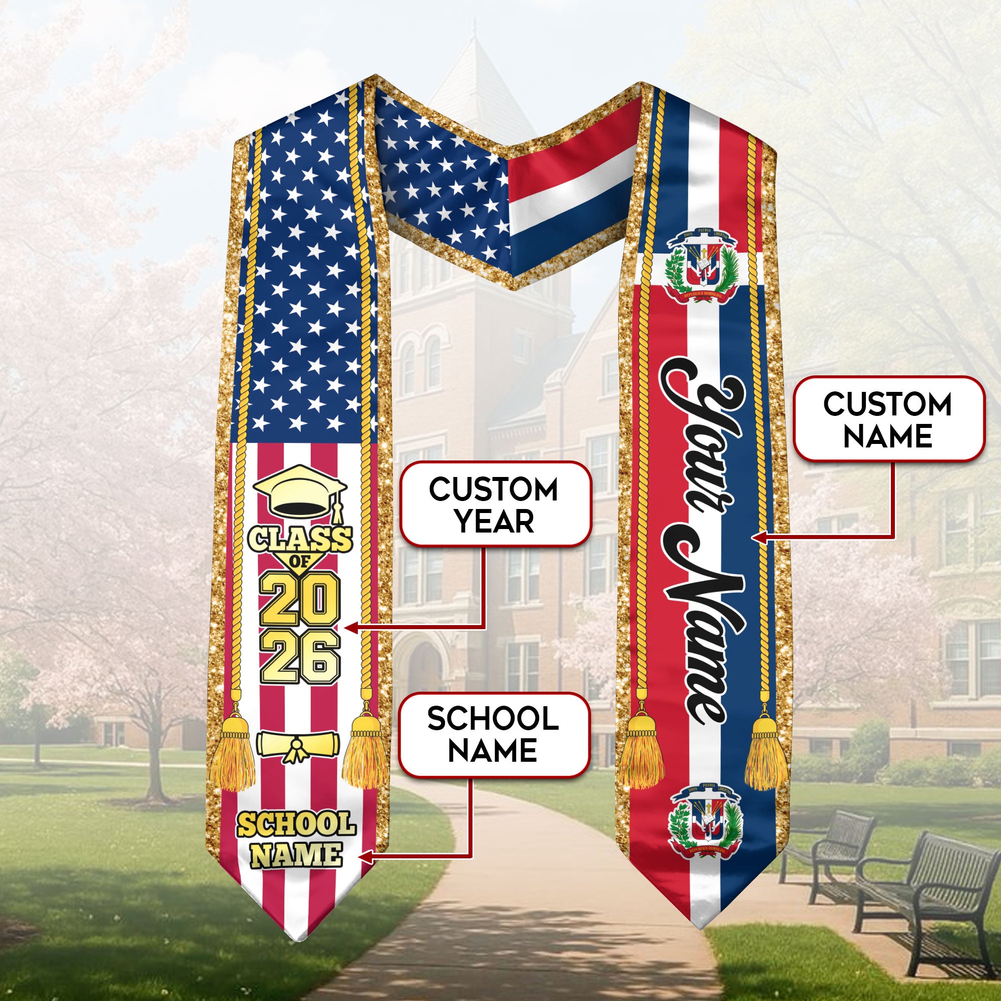 Customized Dominican Republic Graduation Stole with Flag Emblem, Graduation Sash for Class of 2026