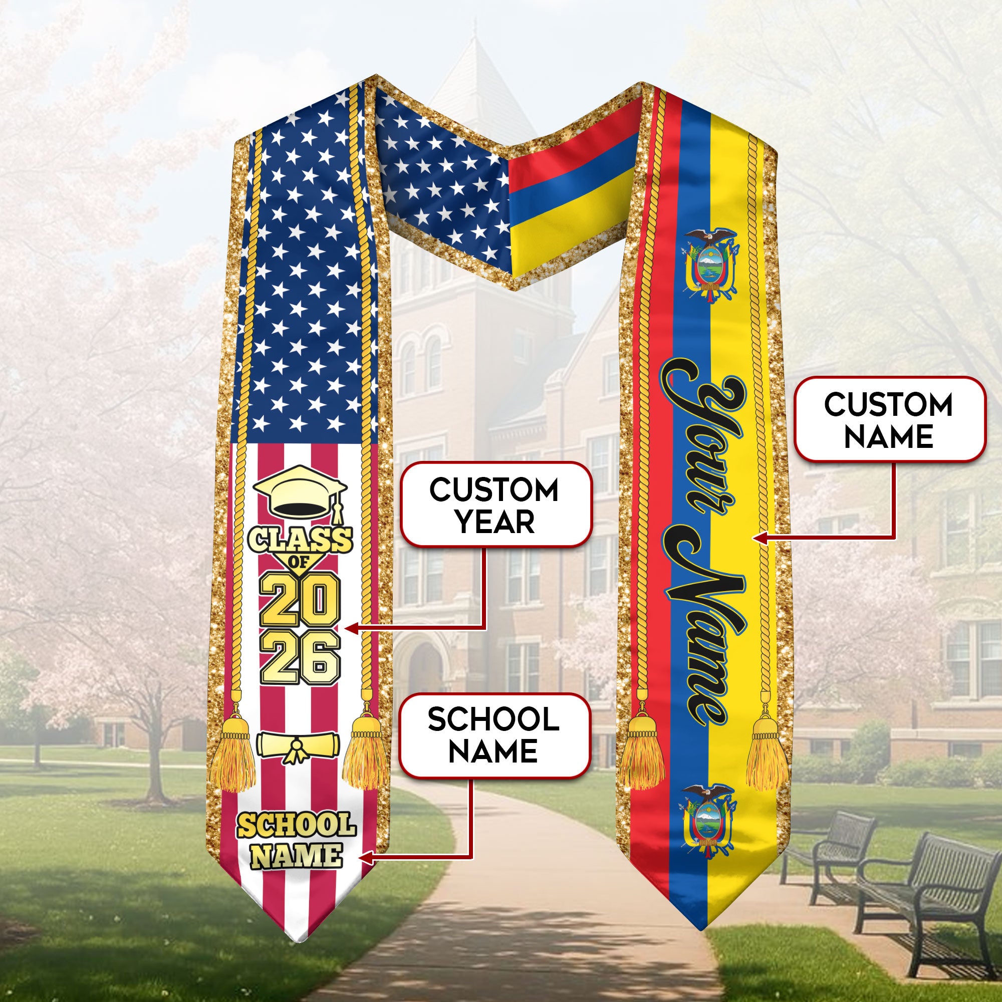 Customized Ecuador Graduation Stole with Ecuadorian Flag Emblem, Graduation Sash for Class of 2026