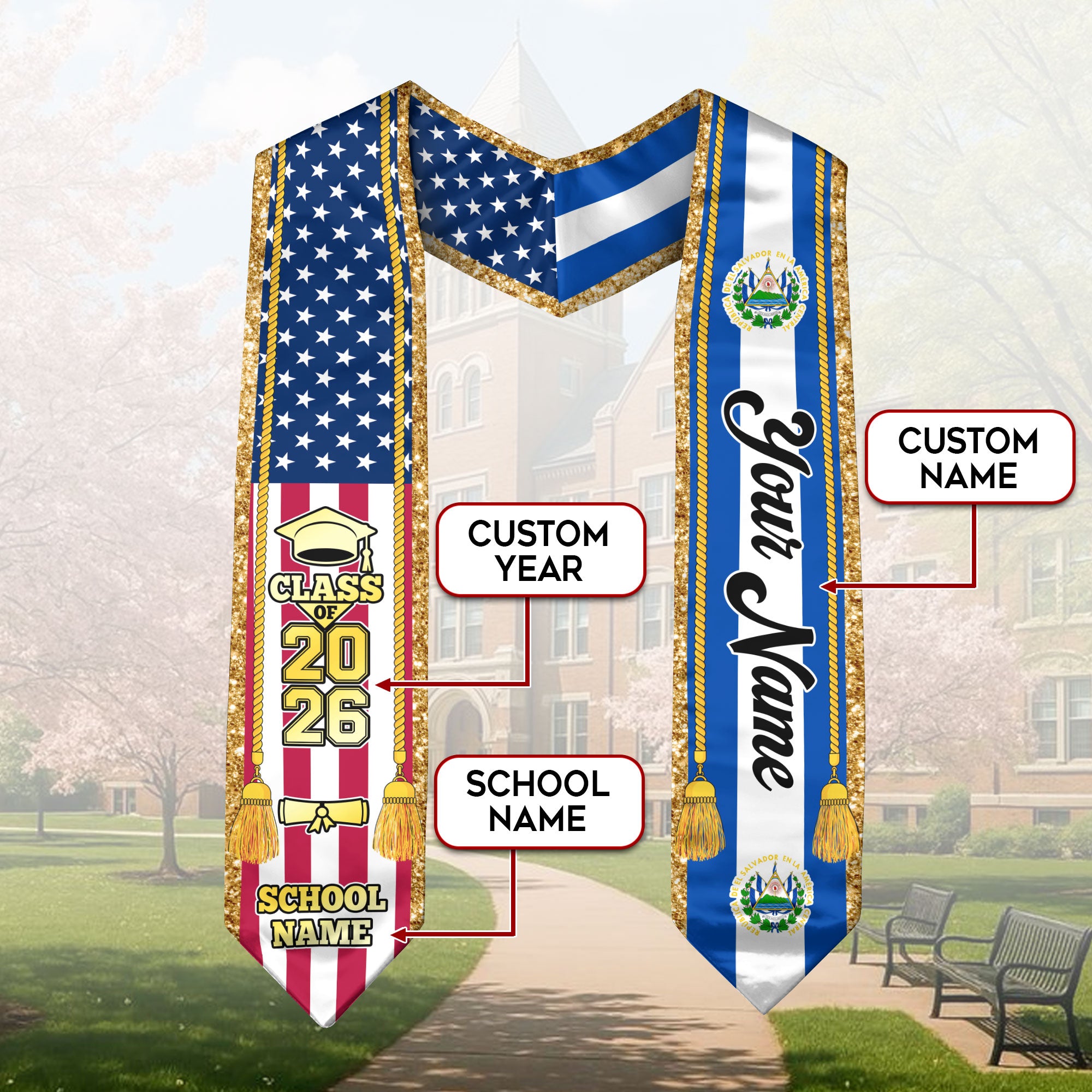 Customized El Salvador Graduation Stole with Salvadoran Flag Emblem, Graduation Sash for Class of 2026