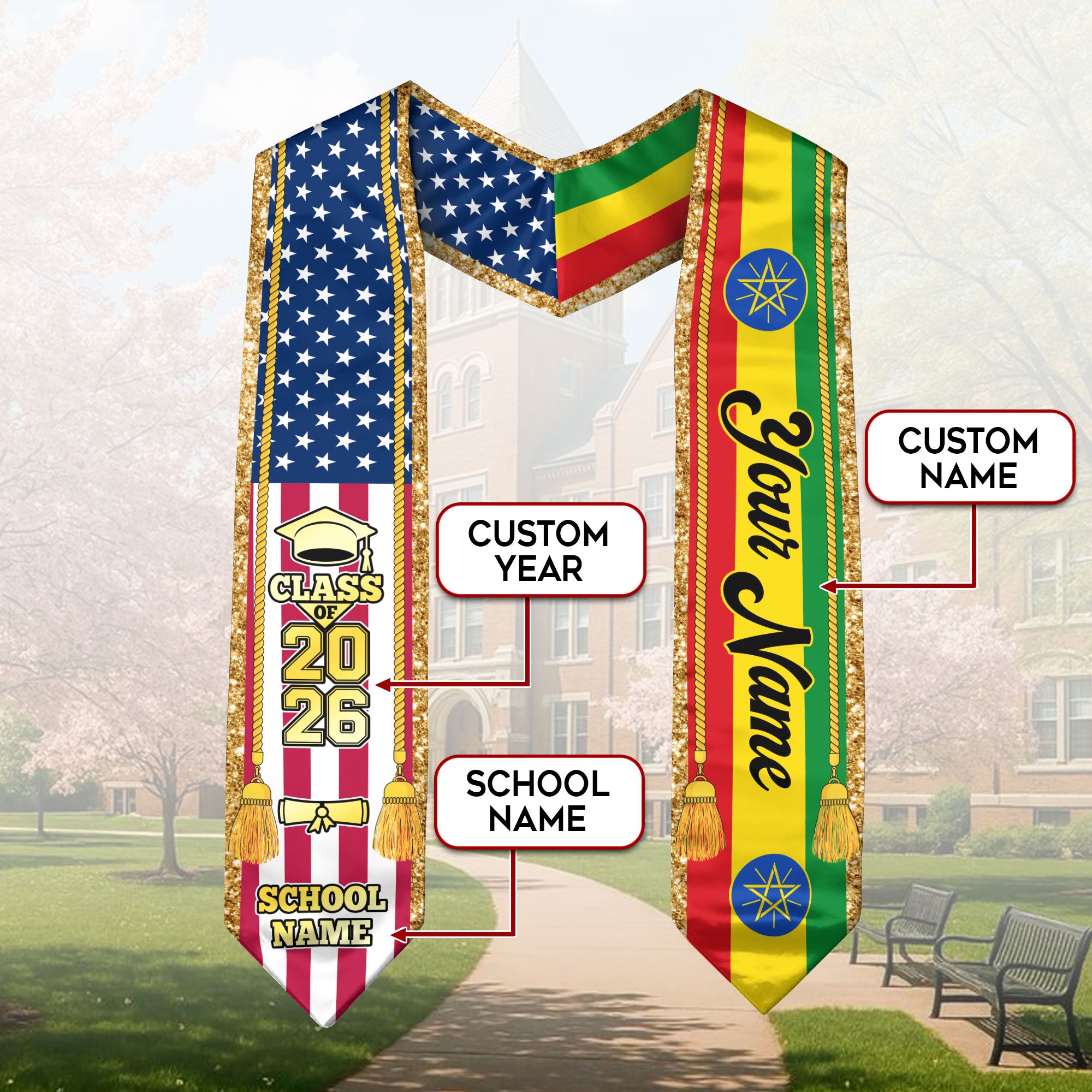 Customized Ethiopia Graduation Stole with Ethiopian Flag Emblem, Graduation Sash for Class of 2026