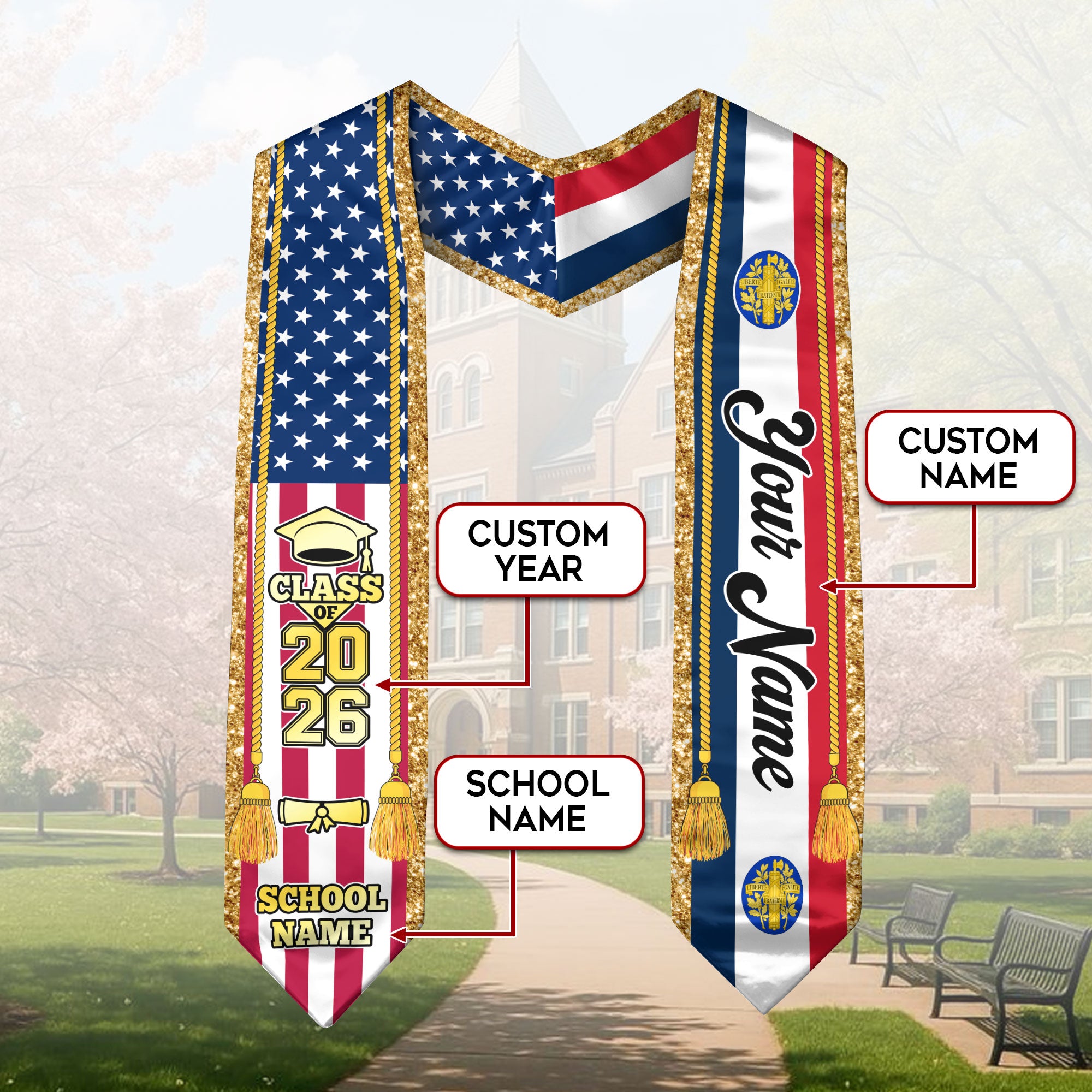 Customized France Graduation Stole with French Flag Emblem, Graduation Sash for Class of 2026