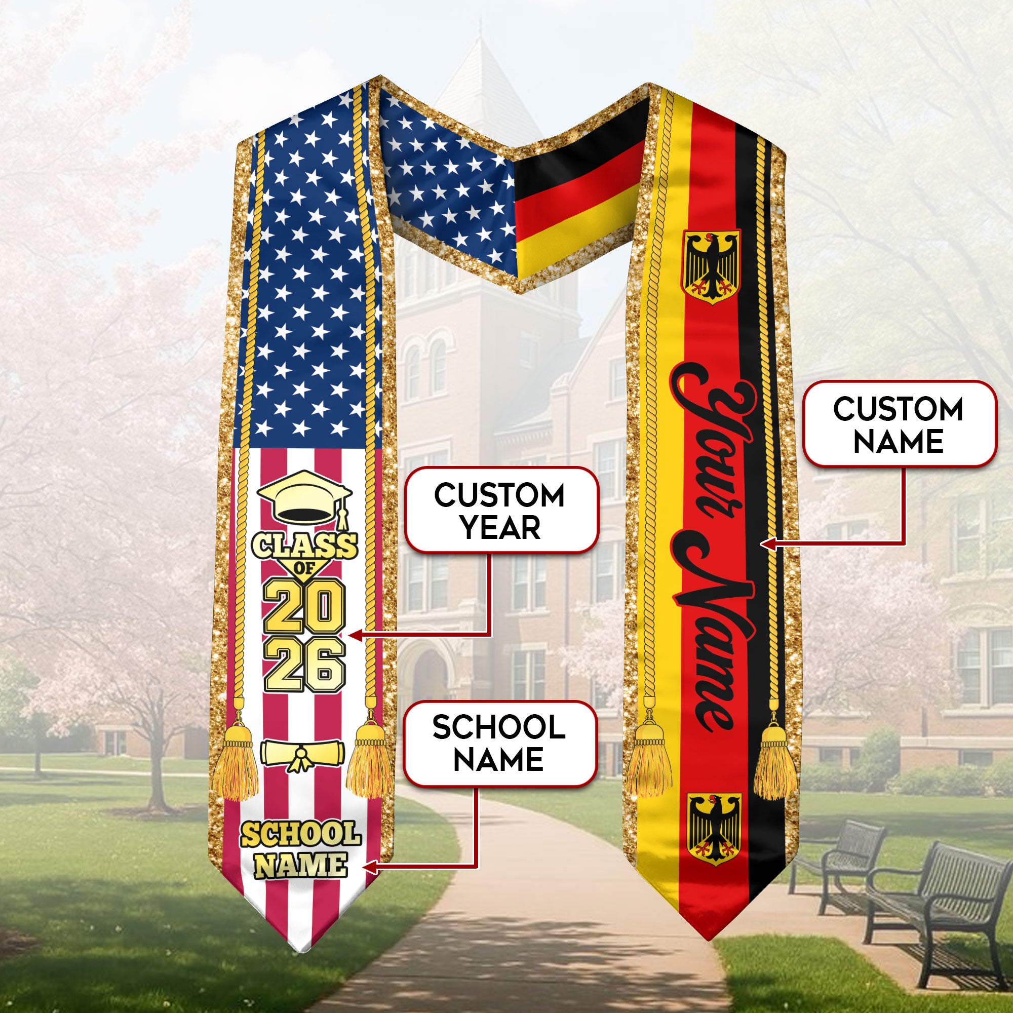 Customized Germany Graduation Stole with German Flag Emblem, Graduation Sash for Class of 2026