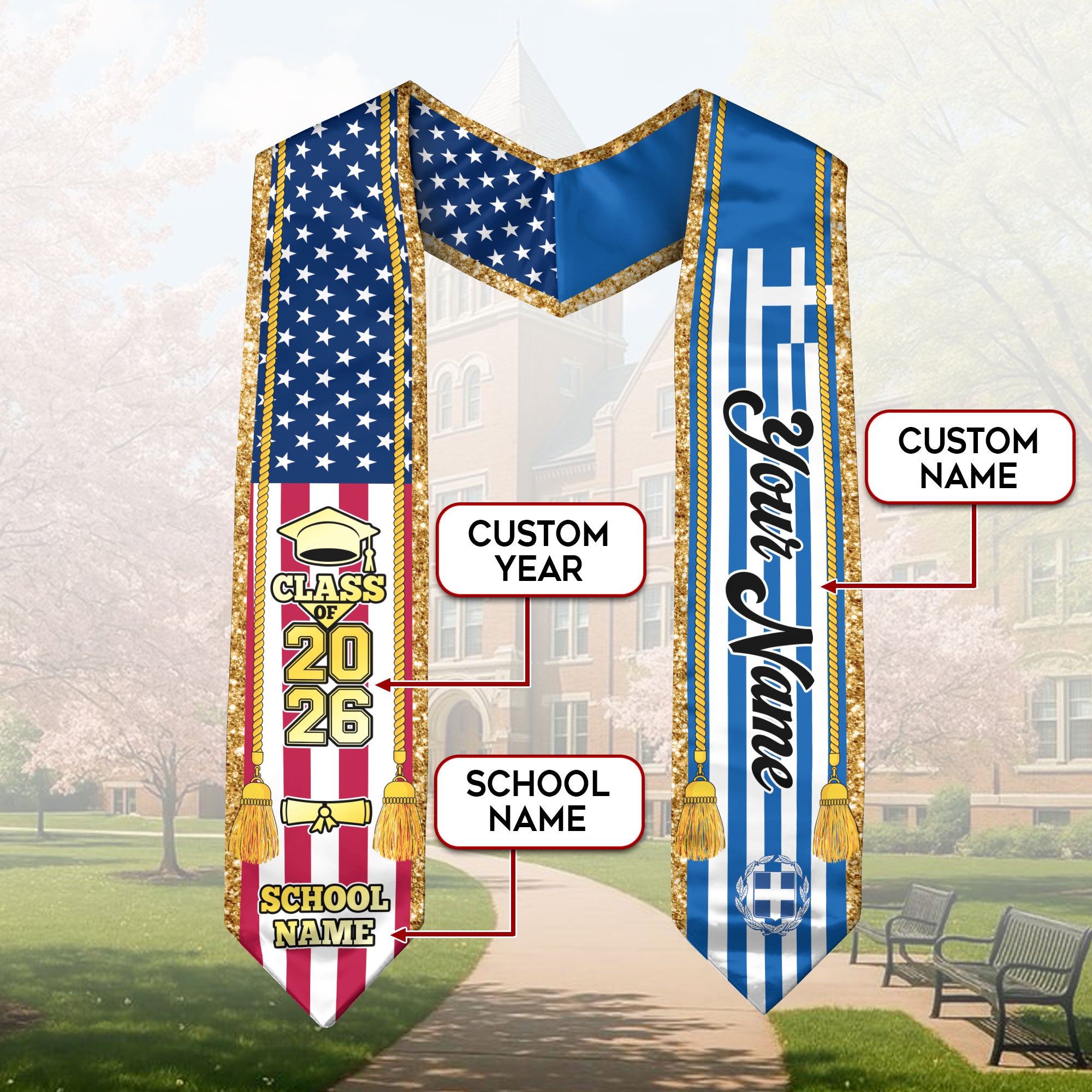 Customized Greece Graduation Stole with Greek Flag Emblem, Graduation Sash for Class of 2026
