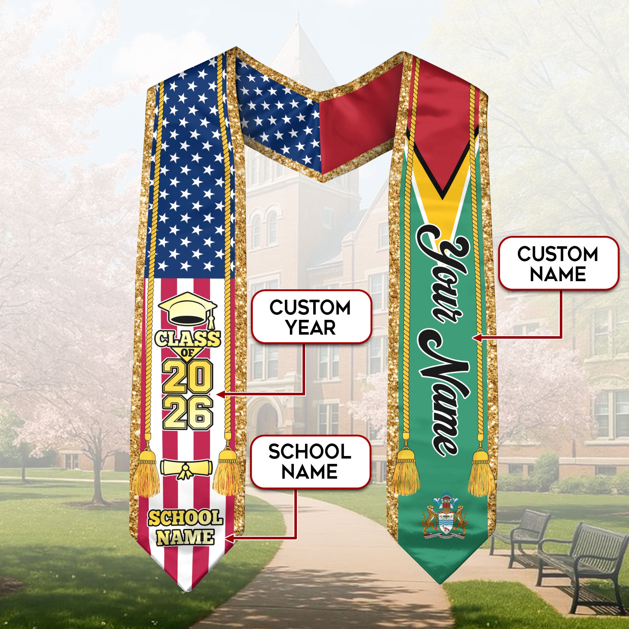Customized Guyana Graduation Stole with Guyanese Flag Emblem, Graduation Sash for Class of 2026