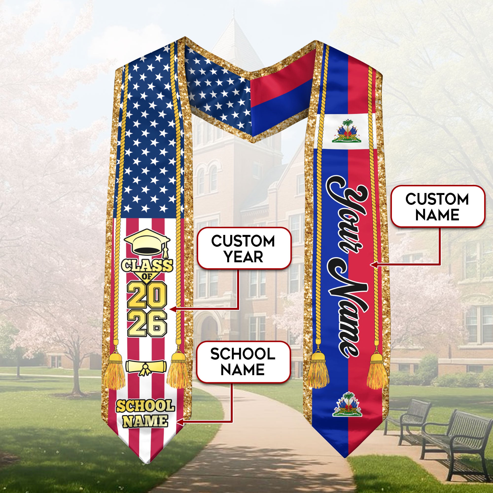 Customized Haiti Graduation Stole with Haitian Flag Emblem, Graduation Sash for Class of 2026