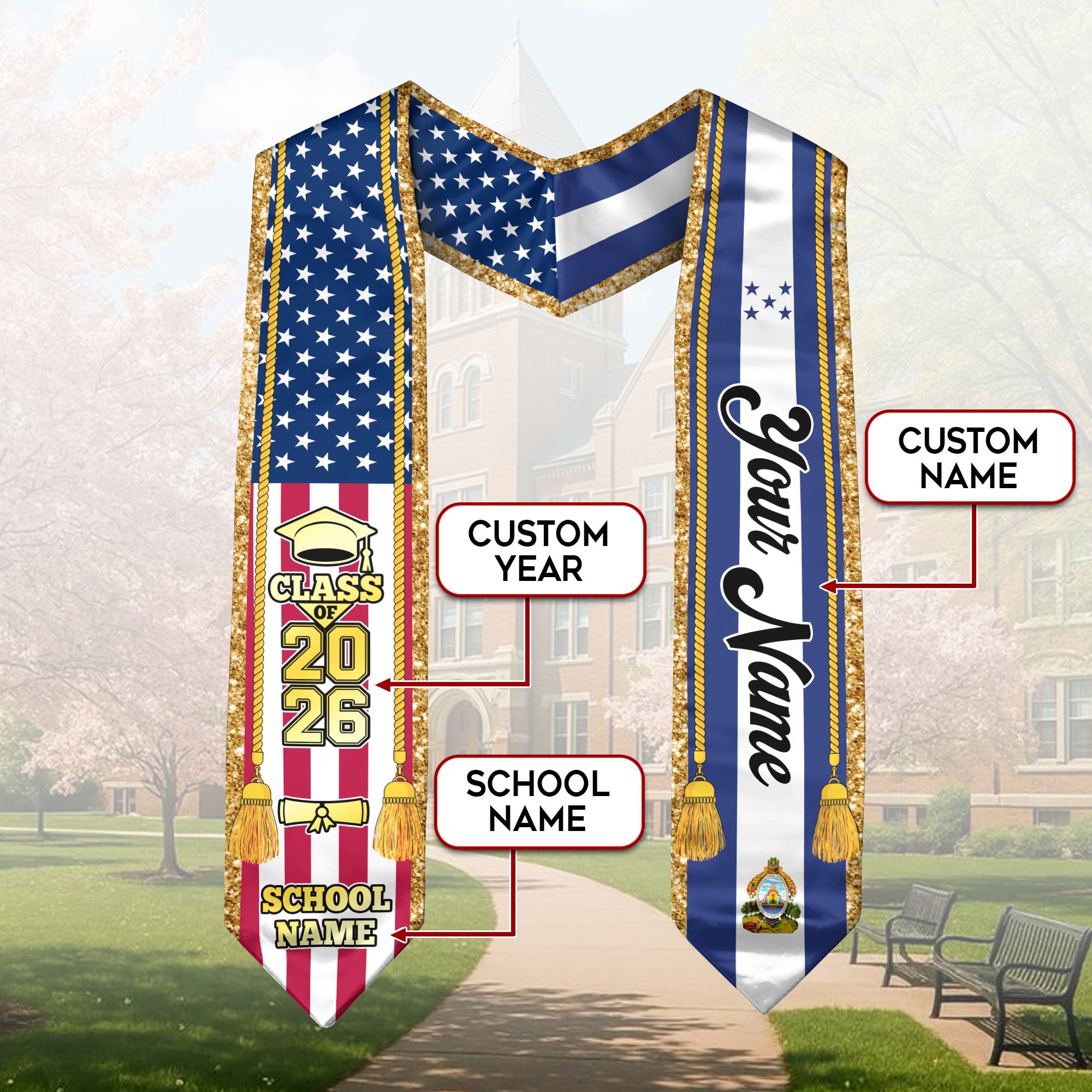 Customized Honduras Graduation Stole with Honduran Flag Emblem, Graduation Sash for Class of 2026