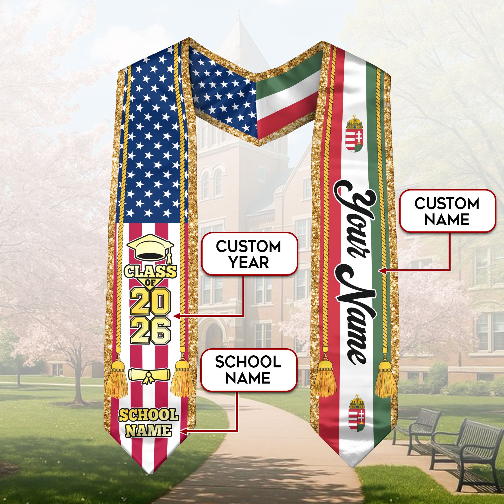 Customized Hungary Graduation Stole with Hungarian Flag Emblem, Graduation Sash for Class of 2026